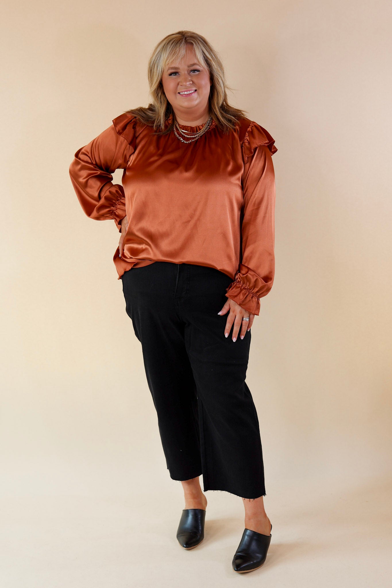 Ultimate Elegance Ruffle Mock Neck Satin Blouse - Rust Brown