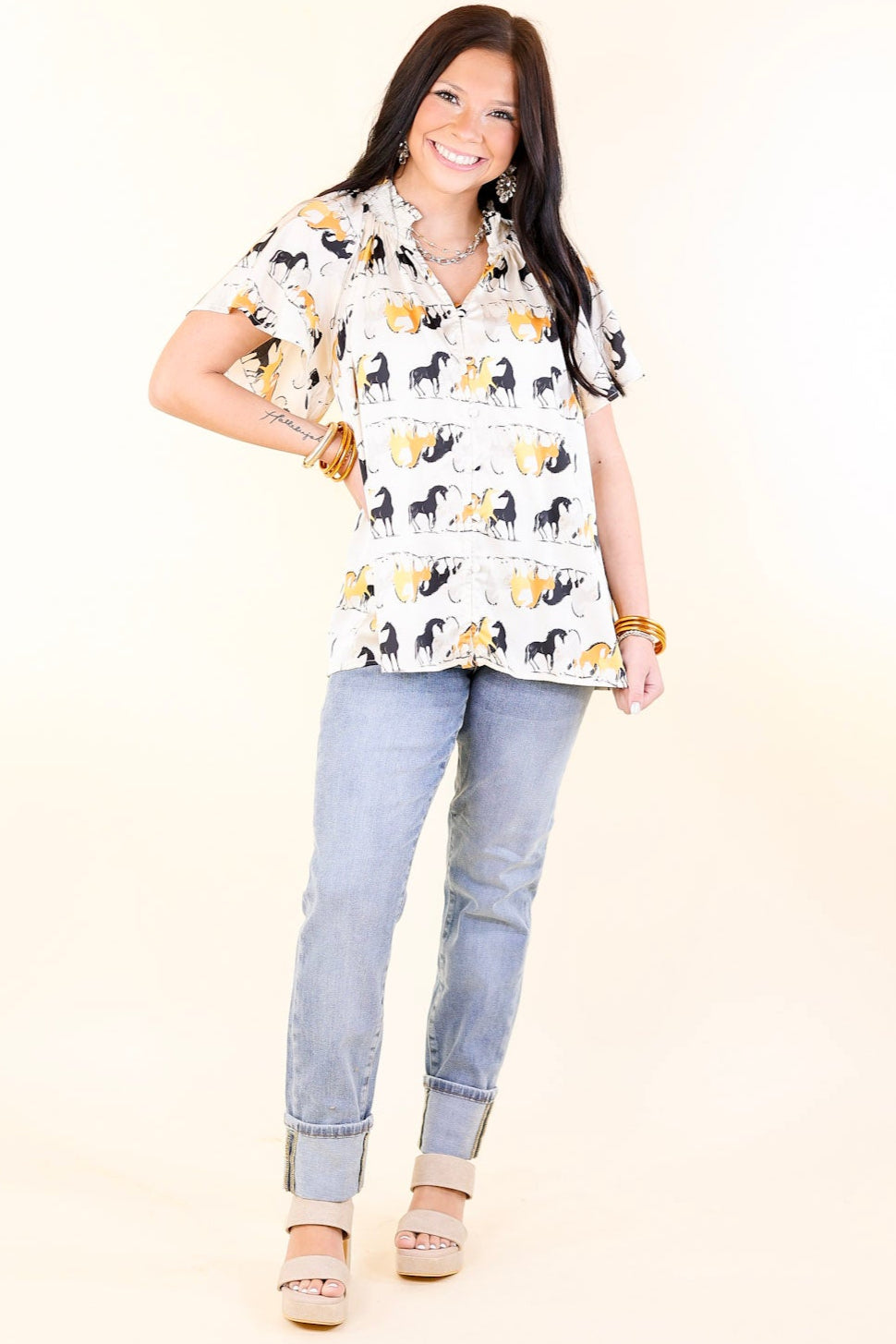 Premium Away We Go Ivory Horse Print Button-Up Shirt