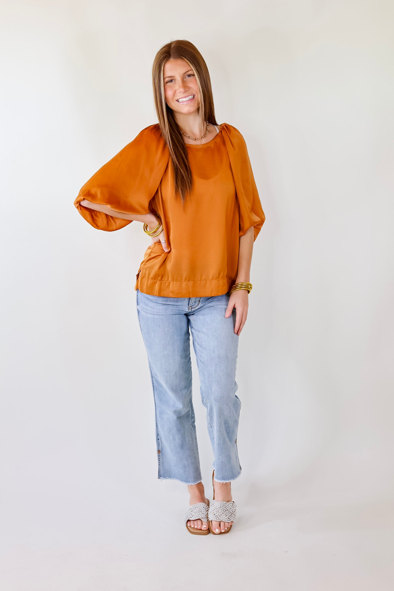Premium Flash A Smile Balloon Sleeve Satin Blouse - Burnt Orange