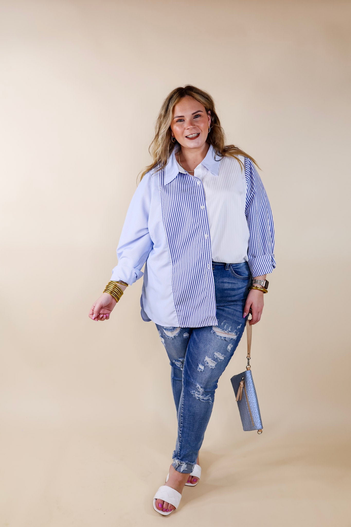 Premium Pin Stripe Color Block Button-Up Top - Blue & White