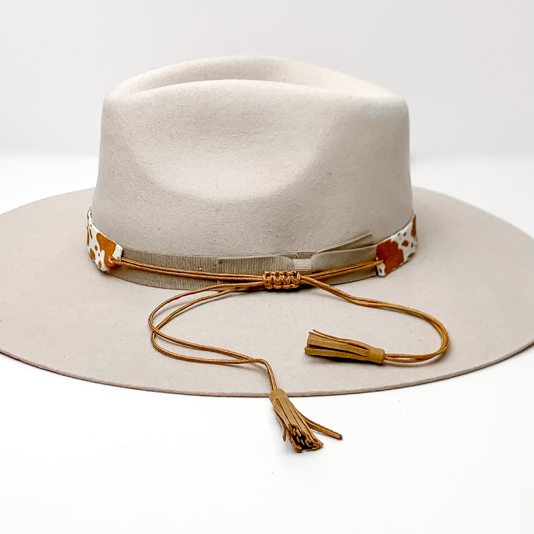 Premium Cow Print Hat Band with Faux Turquoise Charm - Brown & Ivory Style