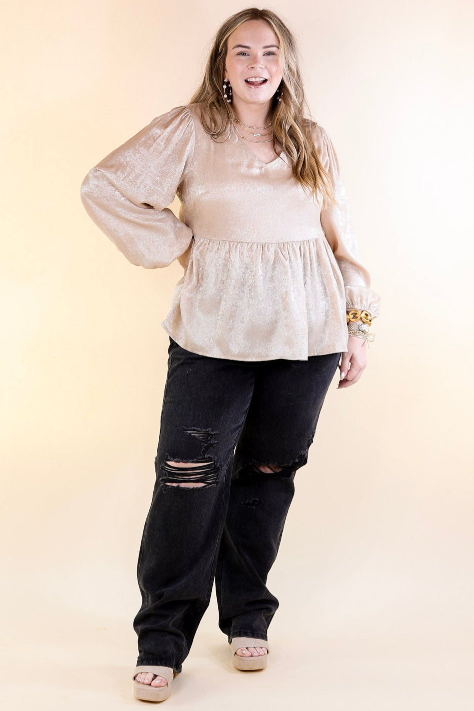 Premium Metallic V-Neck Peplum Top - Ultimate Fall Fashion