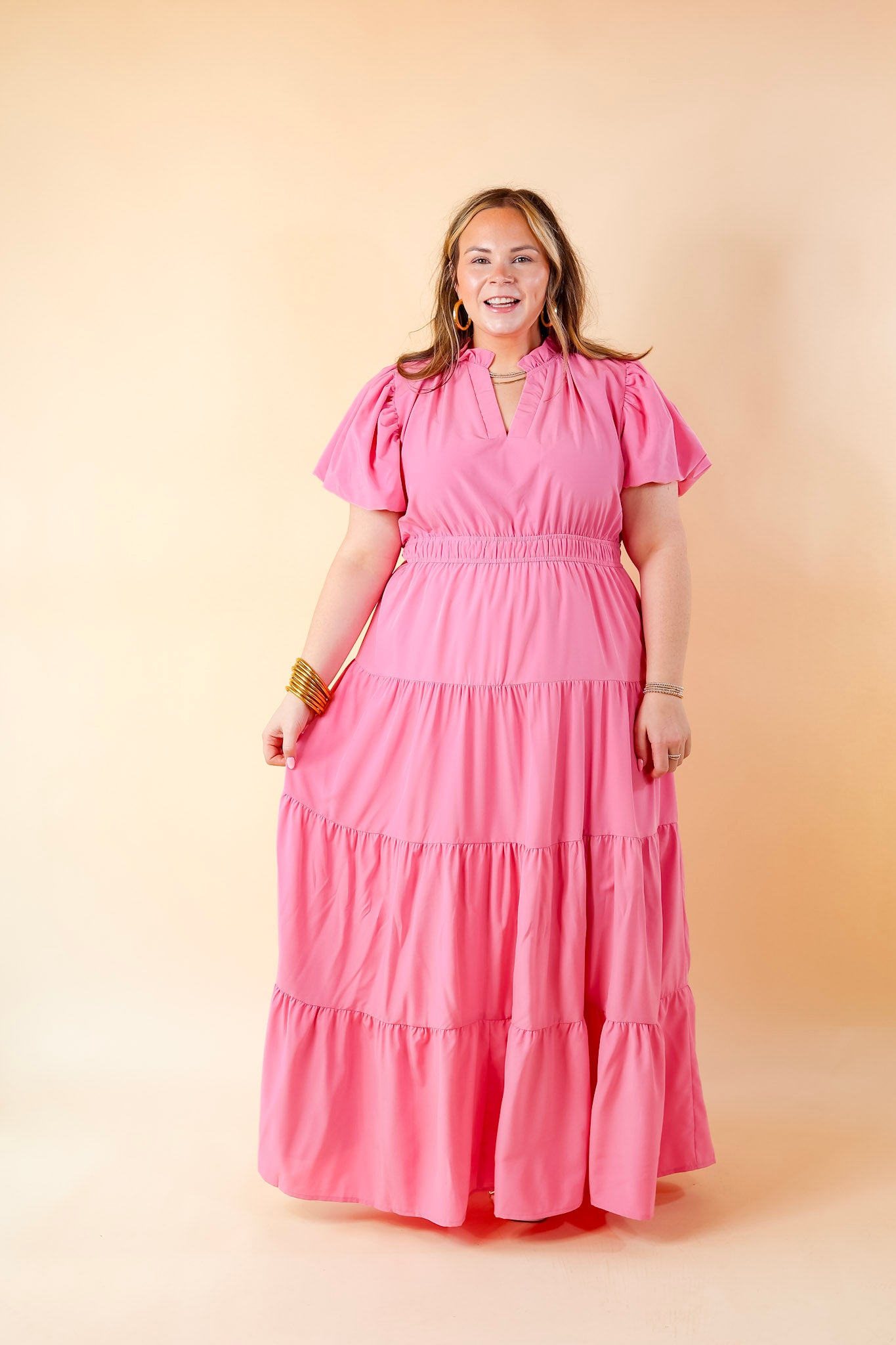 Premium 'Table for Two' Maxi Dress - Bubblegum Pink with Puff Sleeves