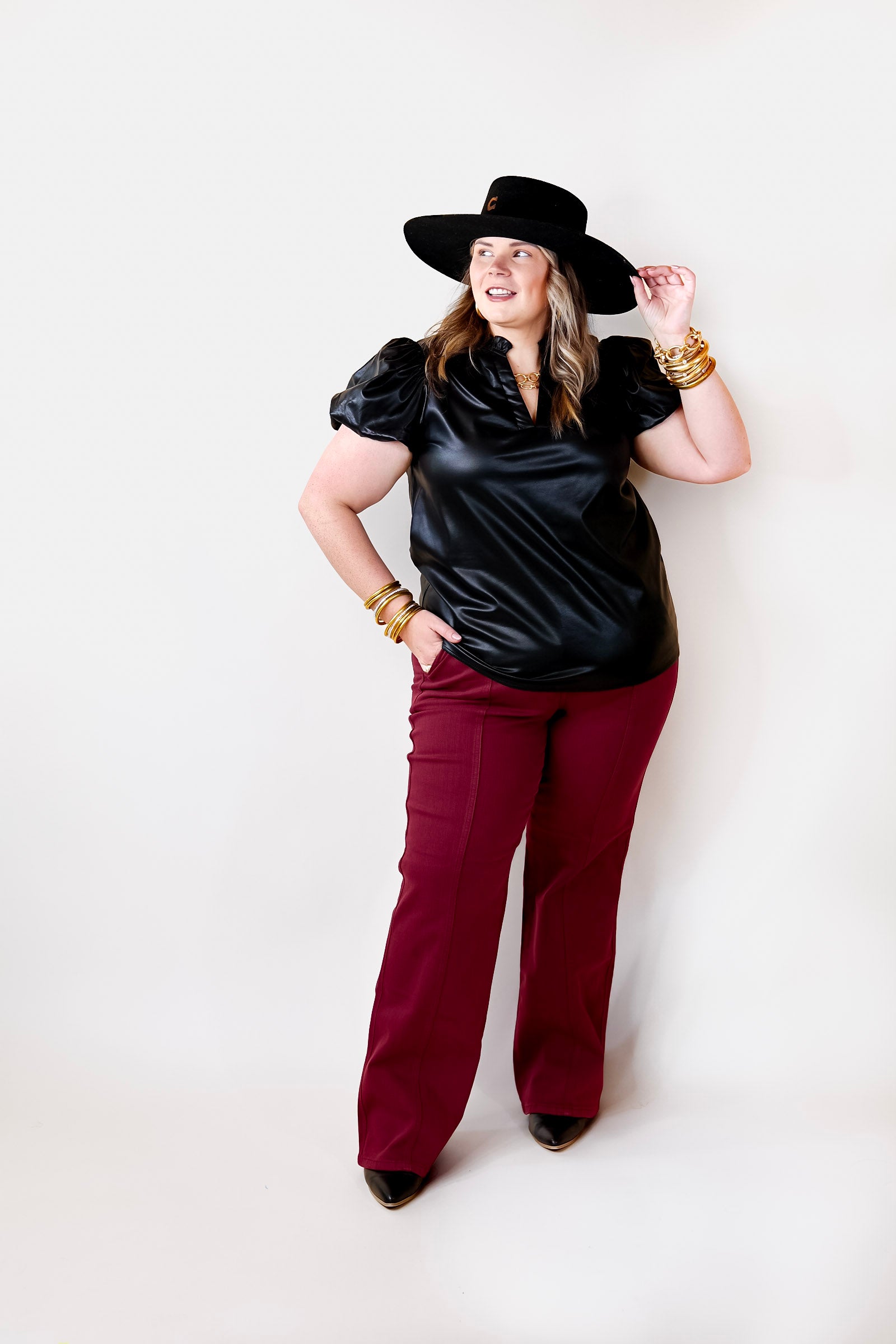 Premium Replay The Night Faux Leather Top - Black with Balloon Sleeves
