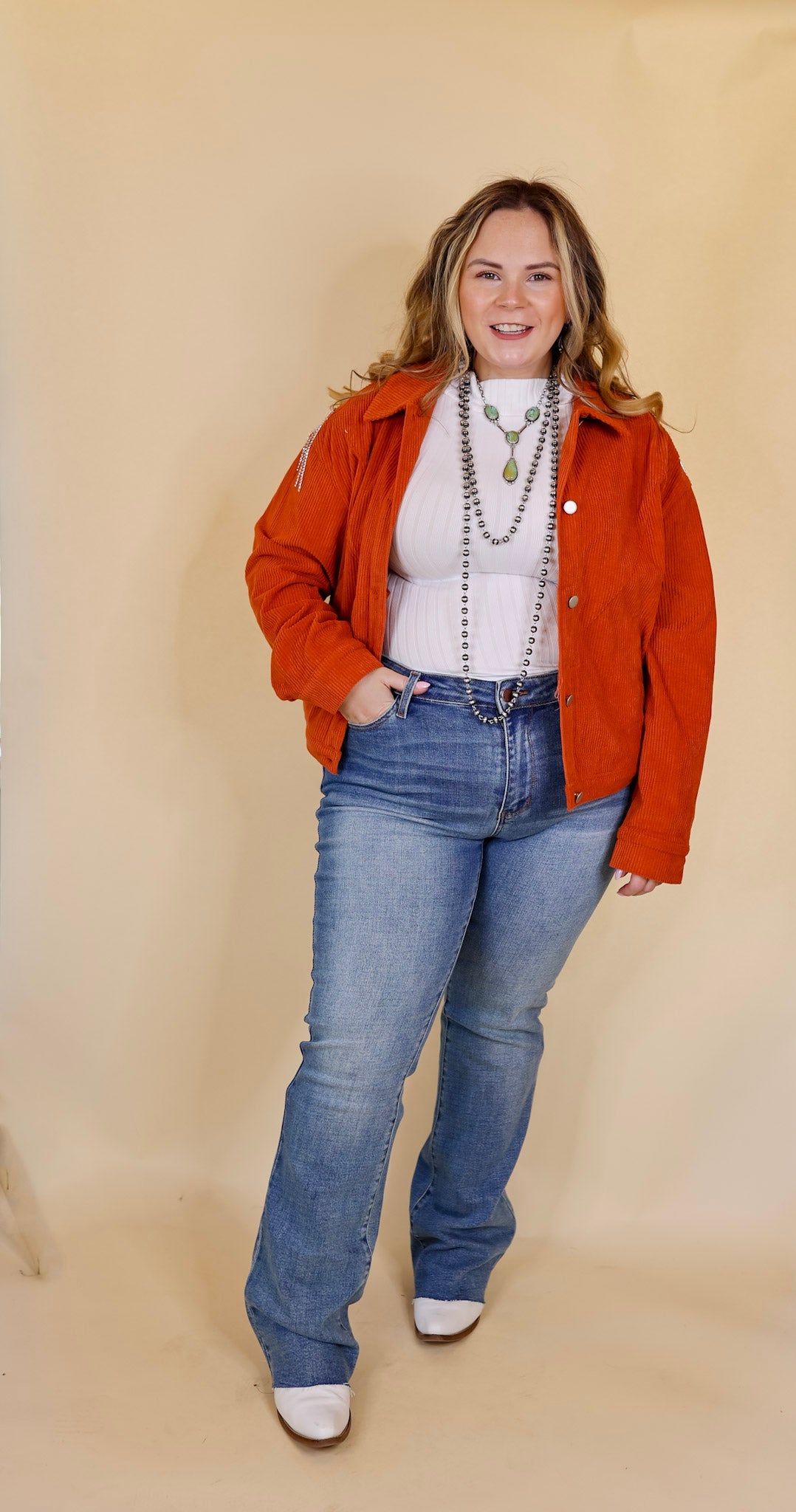Ultimate Rust Orange Corduroy Shacket with Crystal Fringe Back