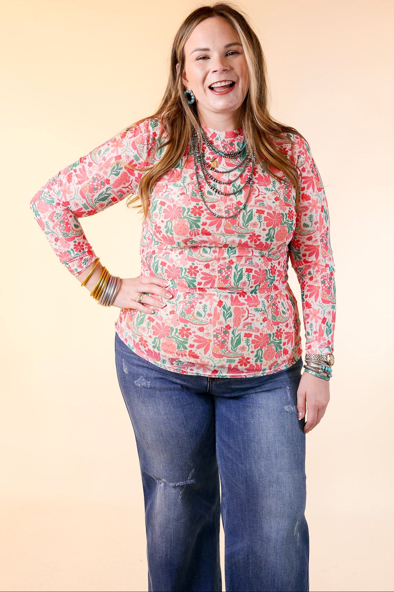 Premium Western Dream Mesh Long Sleeve Top - Pink Floral Print