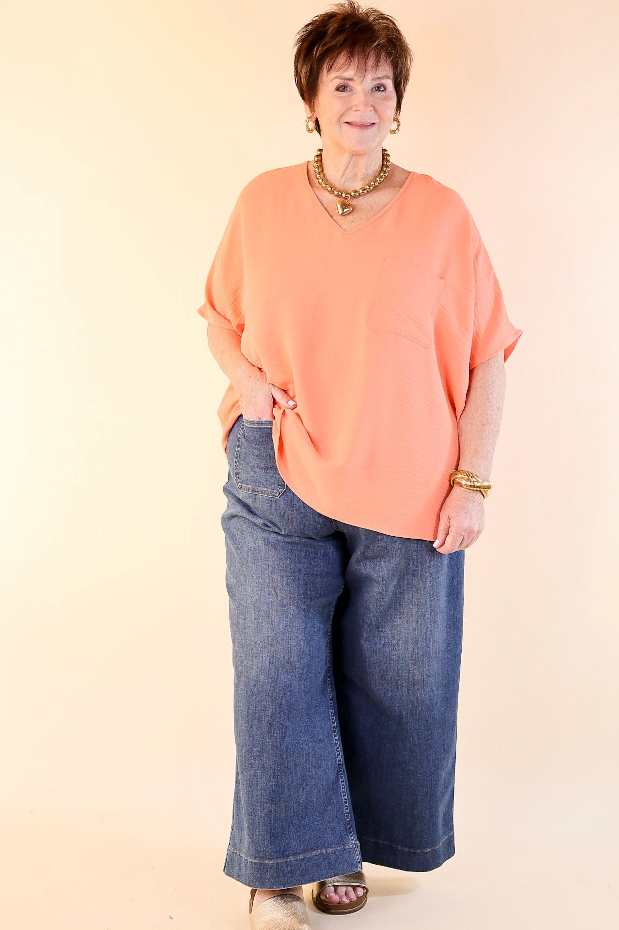 Premium Casual V-Neck Short Sleeve Top with Front Pocket - Coral