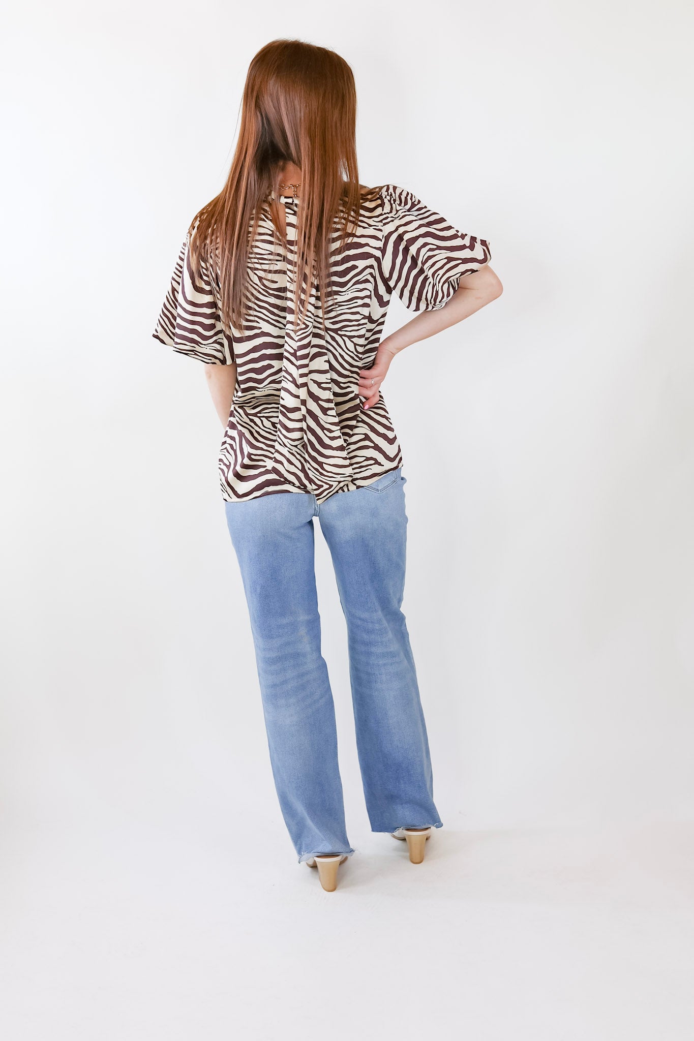 Premium Rival Flair Zebra Print Mock Neck Top - Chocolate Brown & Cream