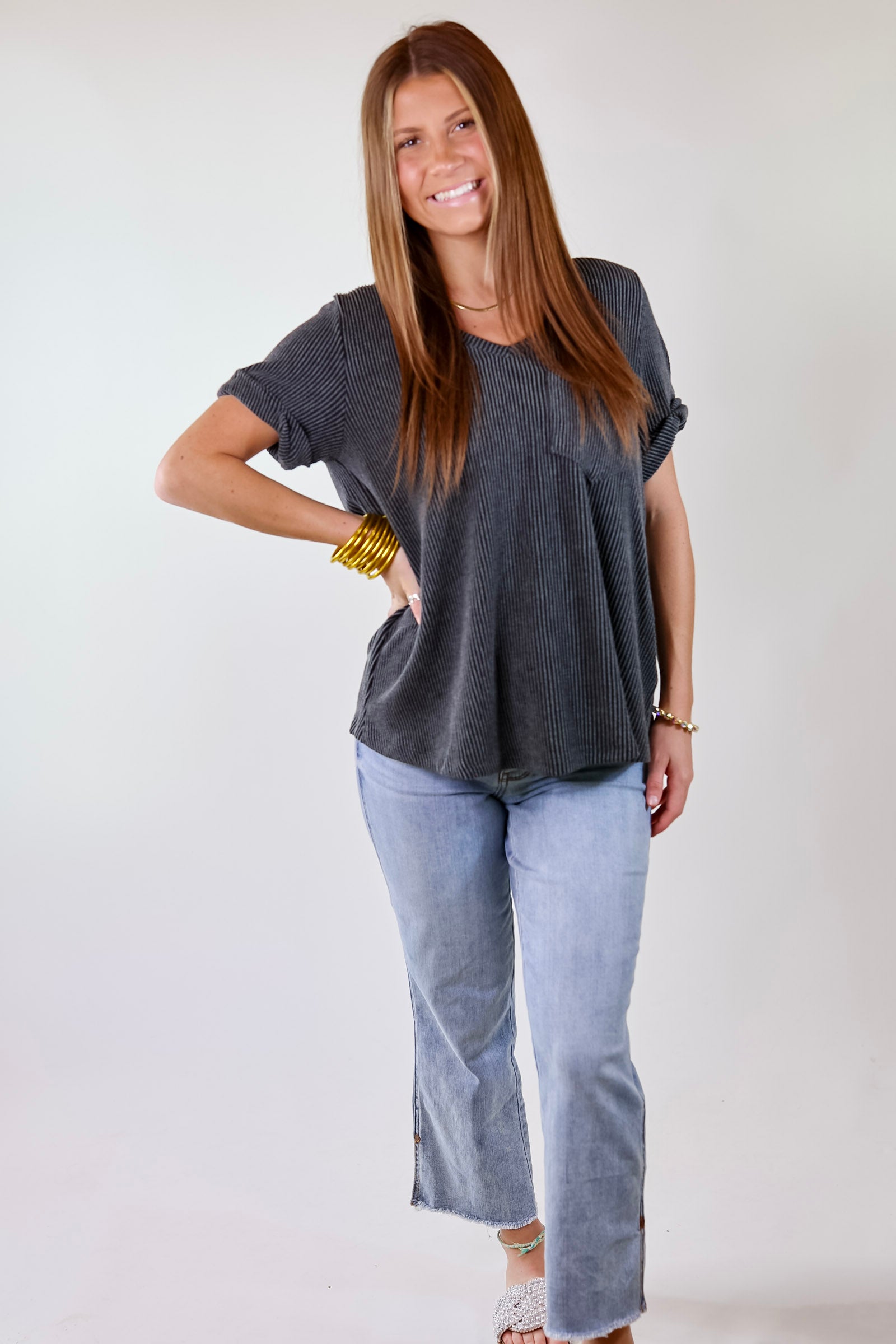 Premium True Love Ribbed Short Sleeve Top with Front Pocket - Charcoal Black