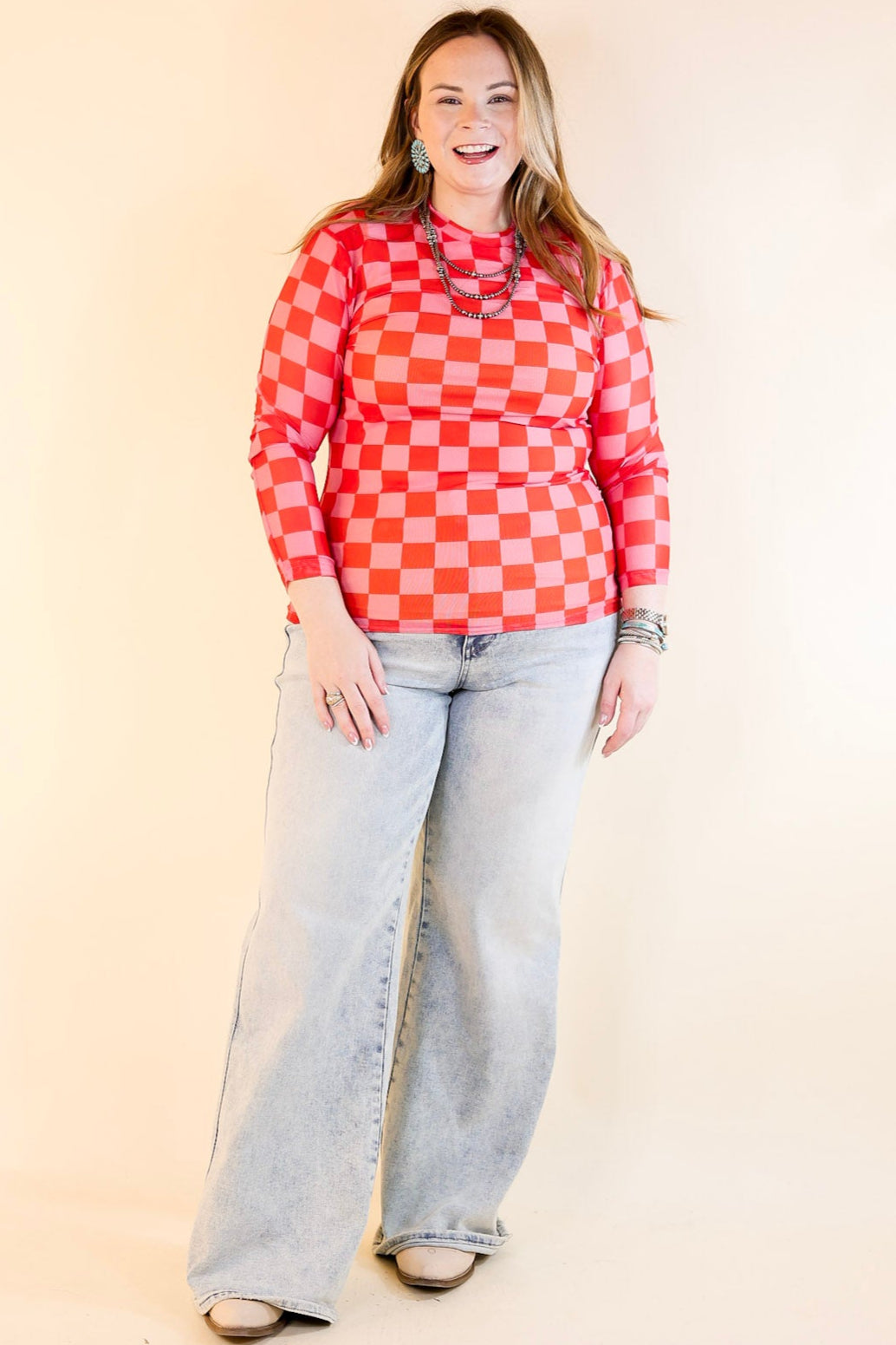 Premium Western Dream Checkered Mesh Long Sleeve Top - Pink & Red