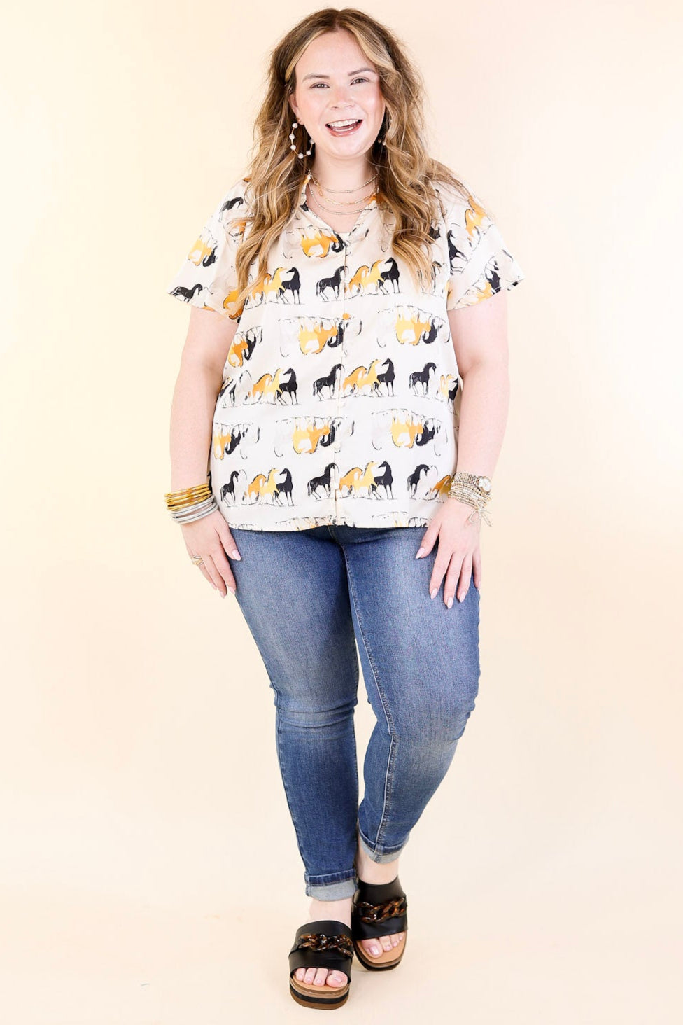 Premium Away We Go Ivory Horse Print Button-Up Shirt