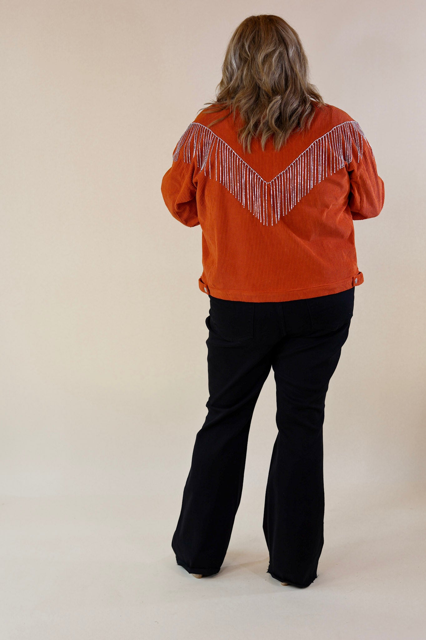 Ultimate Rust Orange Corduroy Shacket with Crystal Fringe Back
