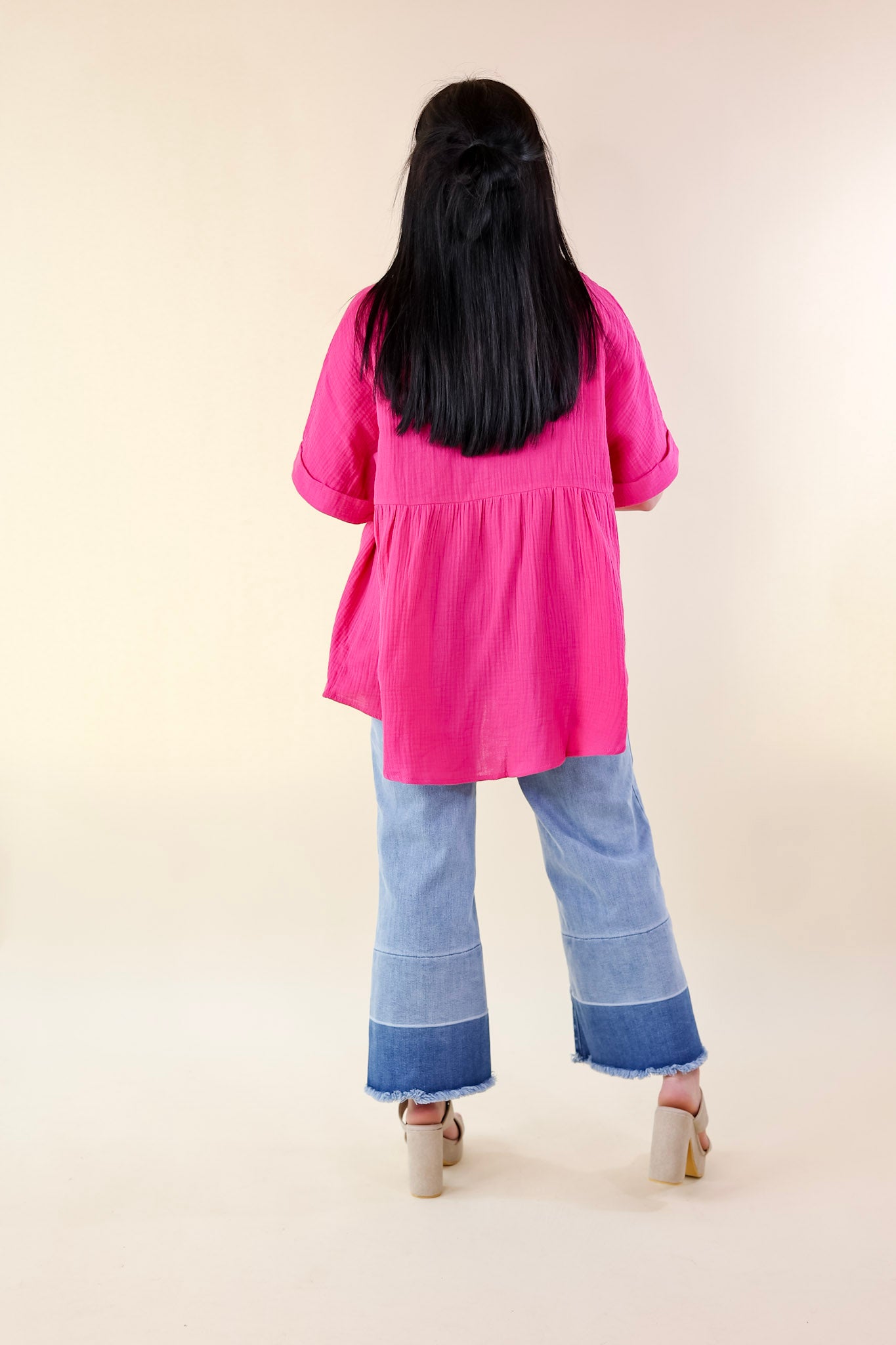 Premium Mellow Mood Collared Button-Up Babydoll Top - Hot Pink