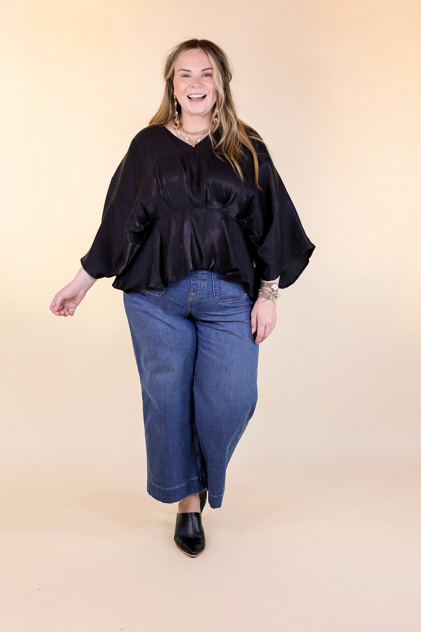 Ultimate Shiny Black Satin V-Neck Peplum Top with Drop Sleeves