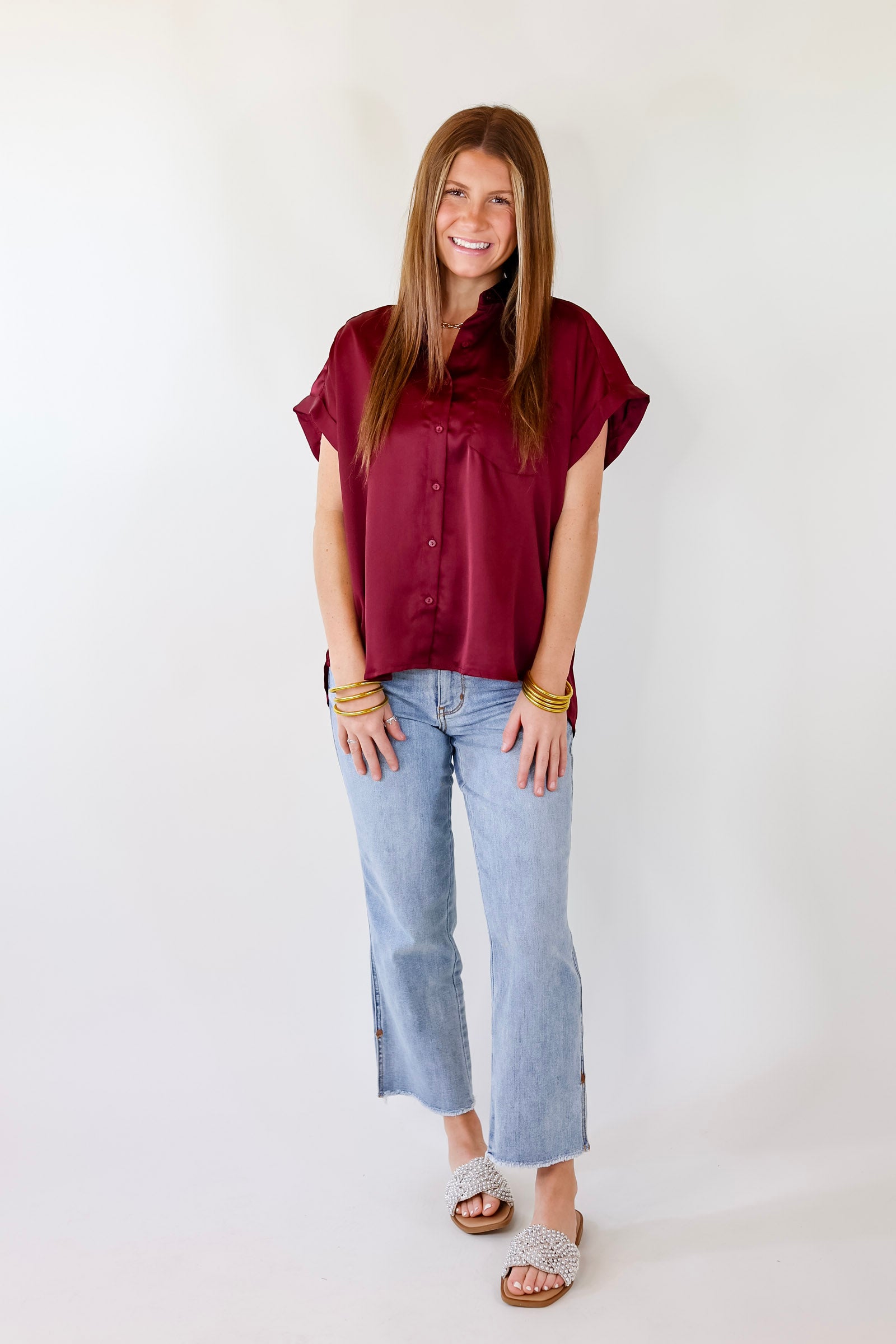Premium Maroon Button-Up Short Sleeve Top - Free To Be Fab