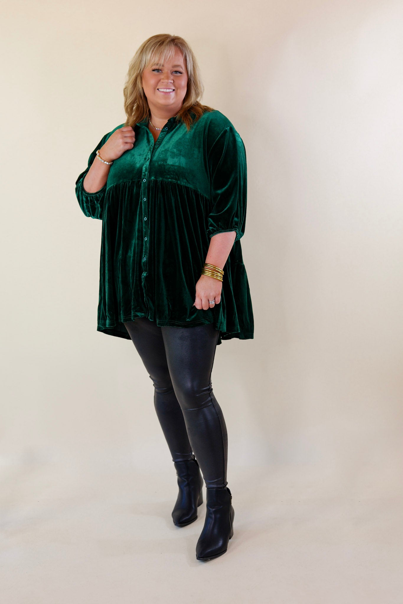Premium Velvet Babydoll Tunic Top - Emerald Green | Love Link Collection