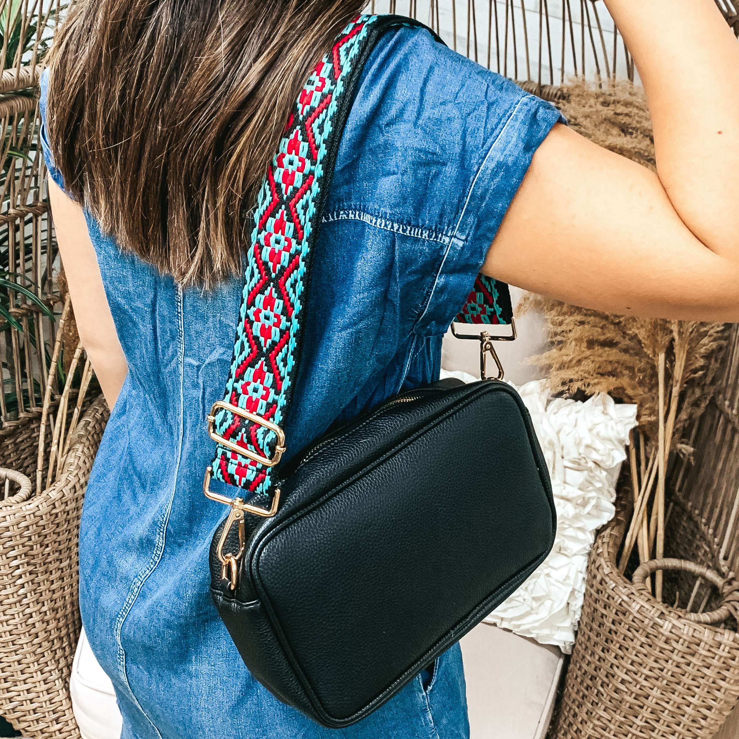 Premium Embroidered Aztec Purse Strap - Adjustable & Stylish in Red/Baby Blue