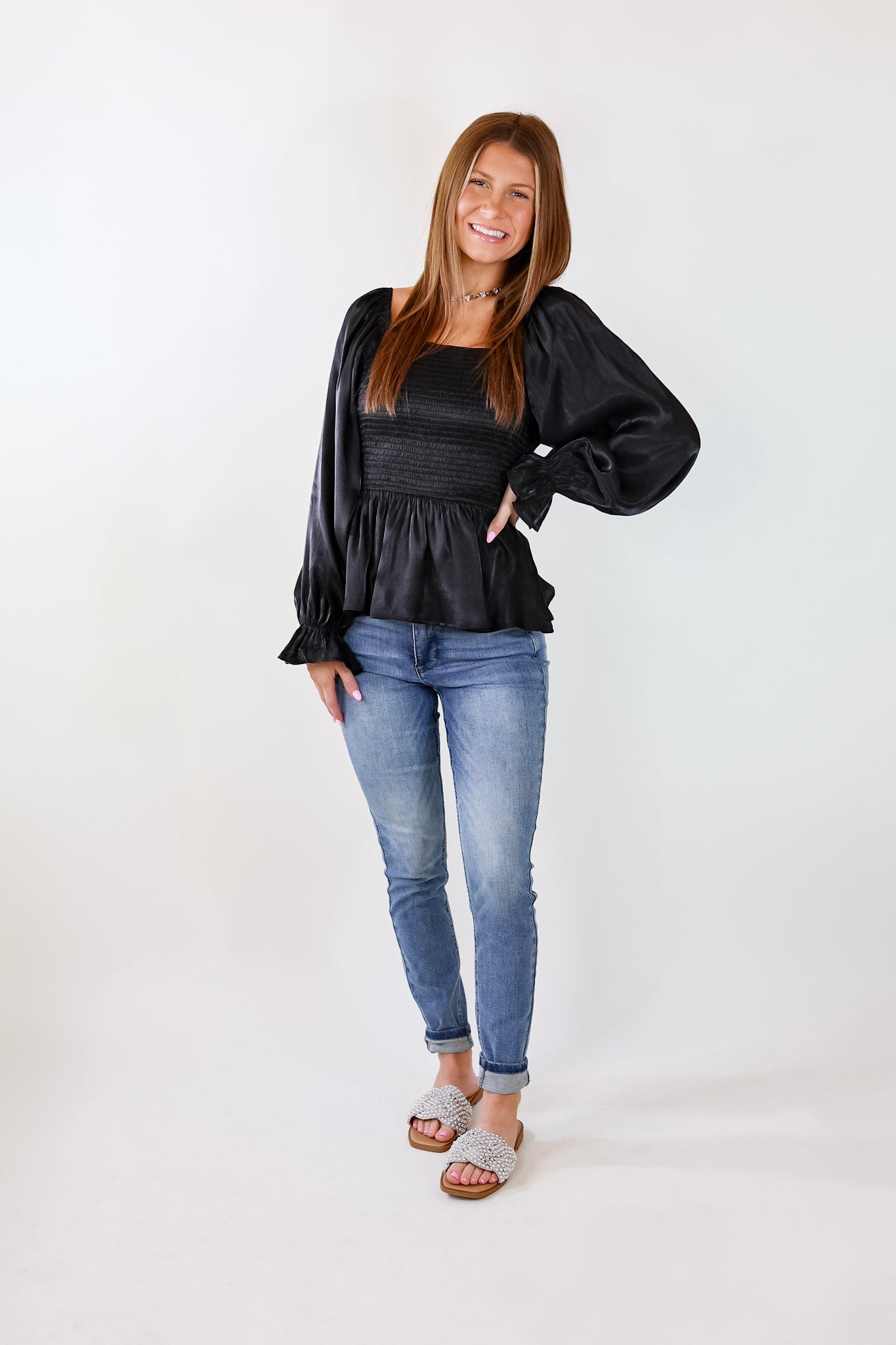 Ultimate Elegance Smocked Long Sleeve Top - Black
