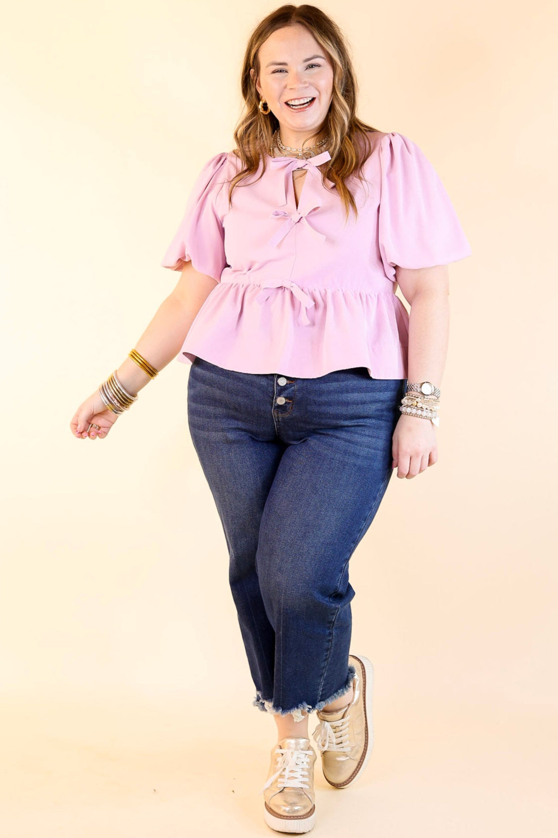 Premium Baby Pink Bow Tie Puff Sleeve Top