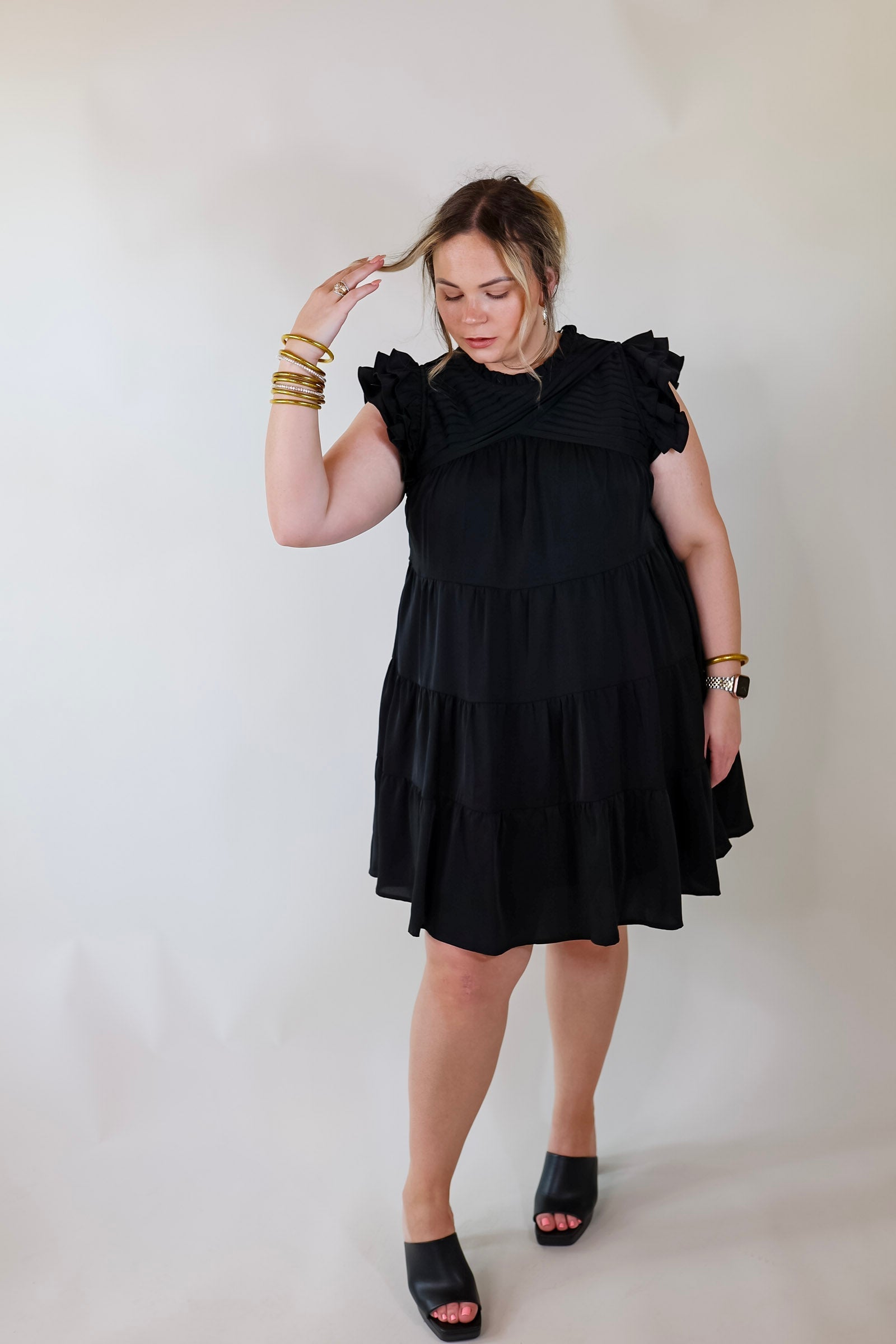 Premium Black Ruffle Tiered Dress with Pleated Detailing