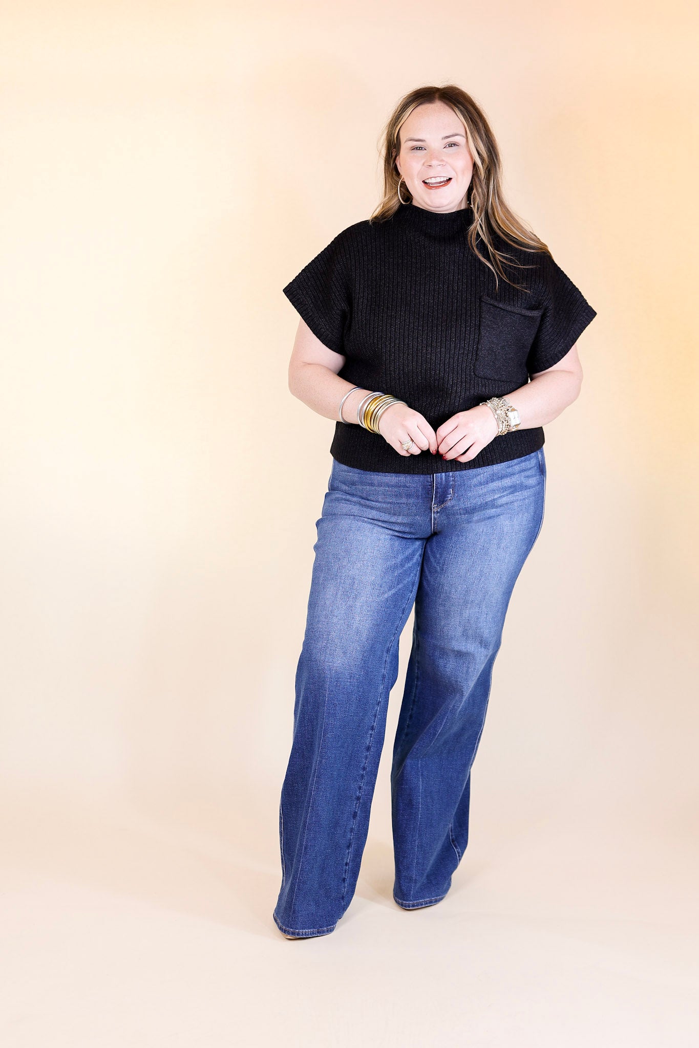 Premium City Sights Cap Sleeve Sweater Top - Ultimate Black