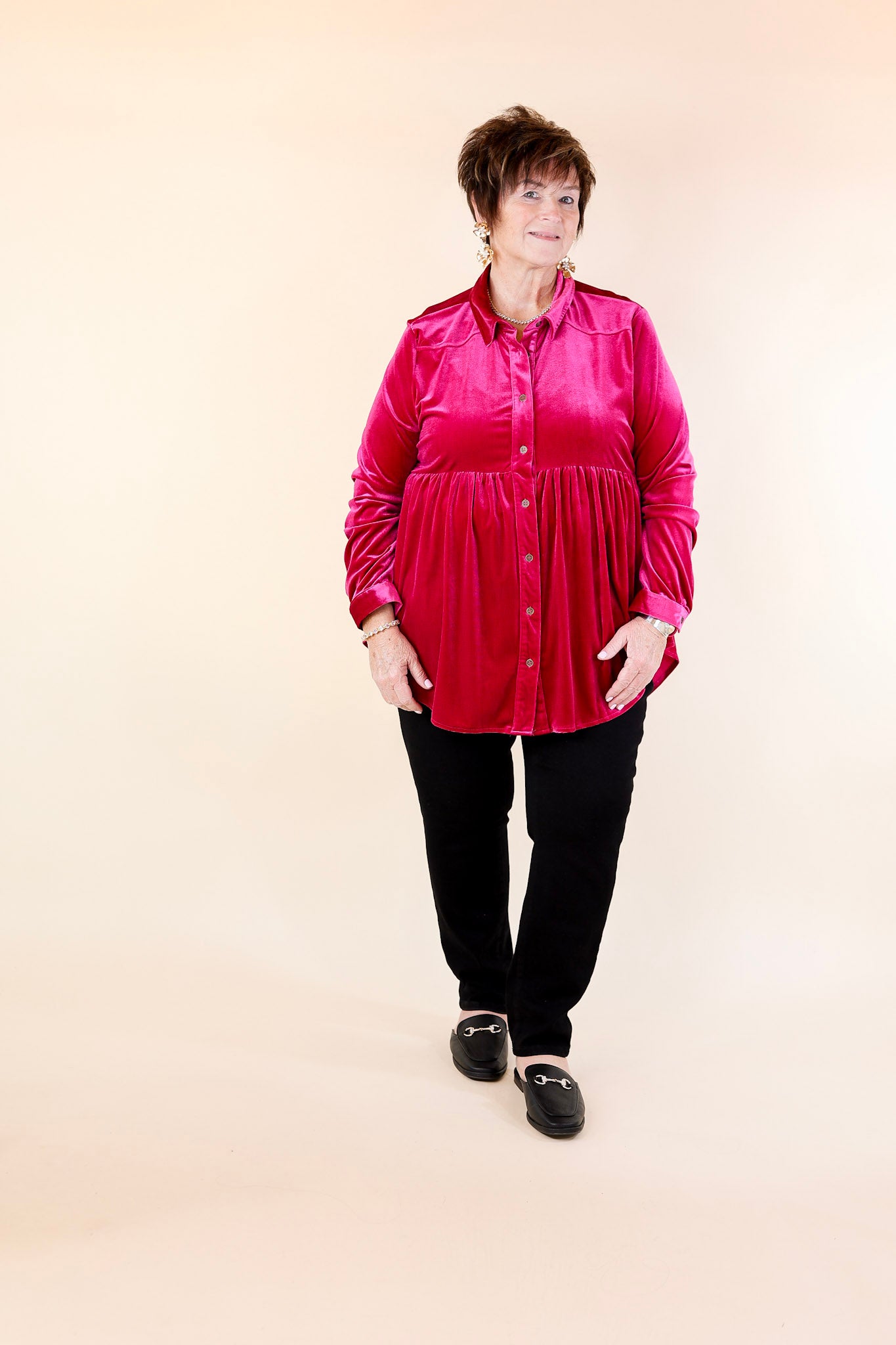 Premium Velvet Babydoll Tunic Top - Raspberry Pink | Ultimate Elegance
