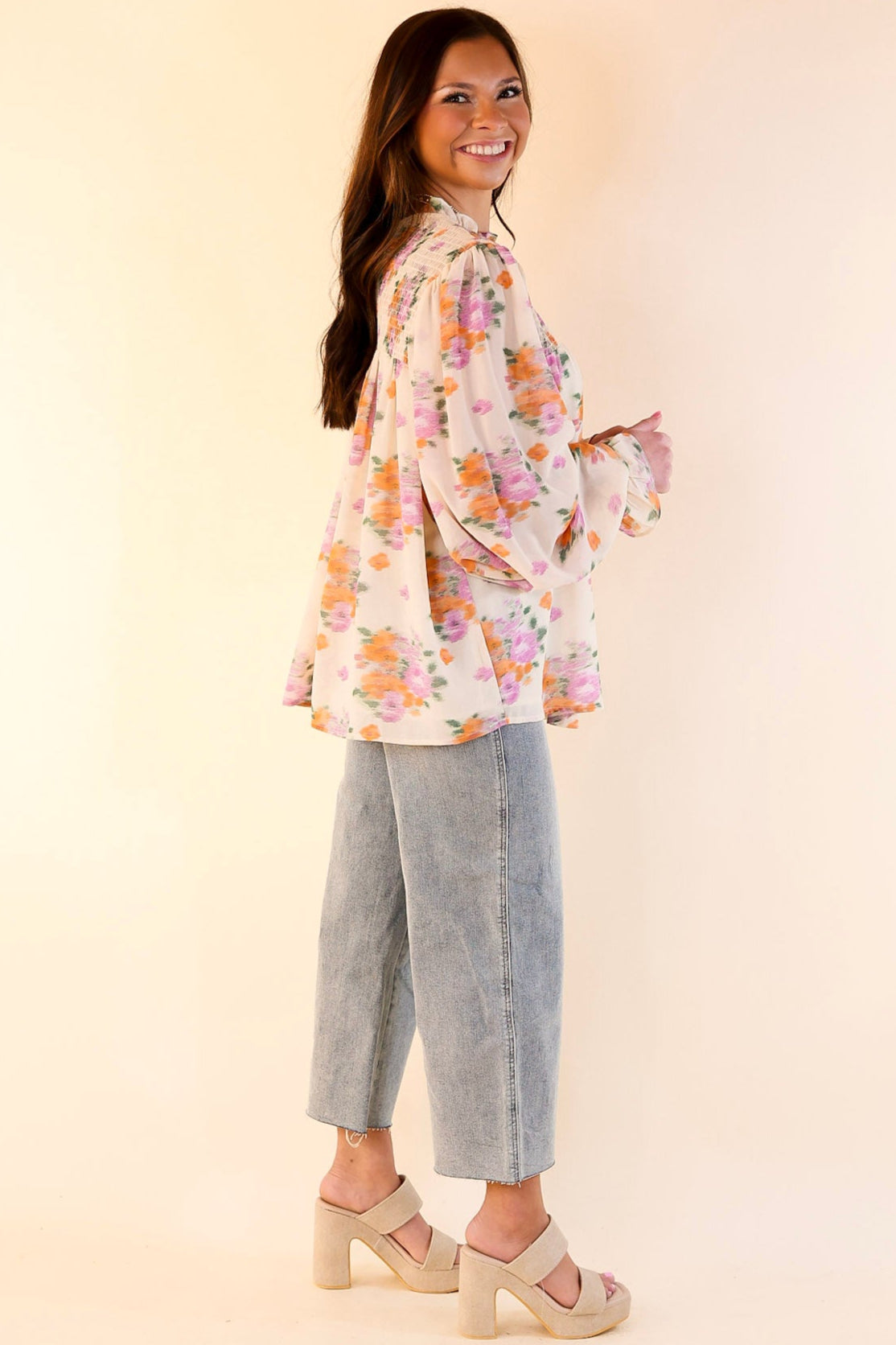 Premium Garden Glow Watercolor Floral Blouse - Elegant High Neckline in Ivory