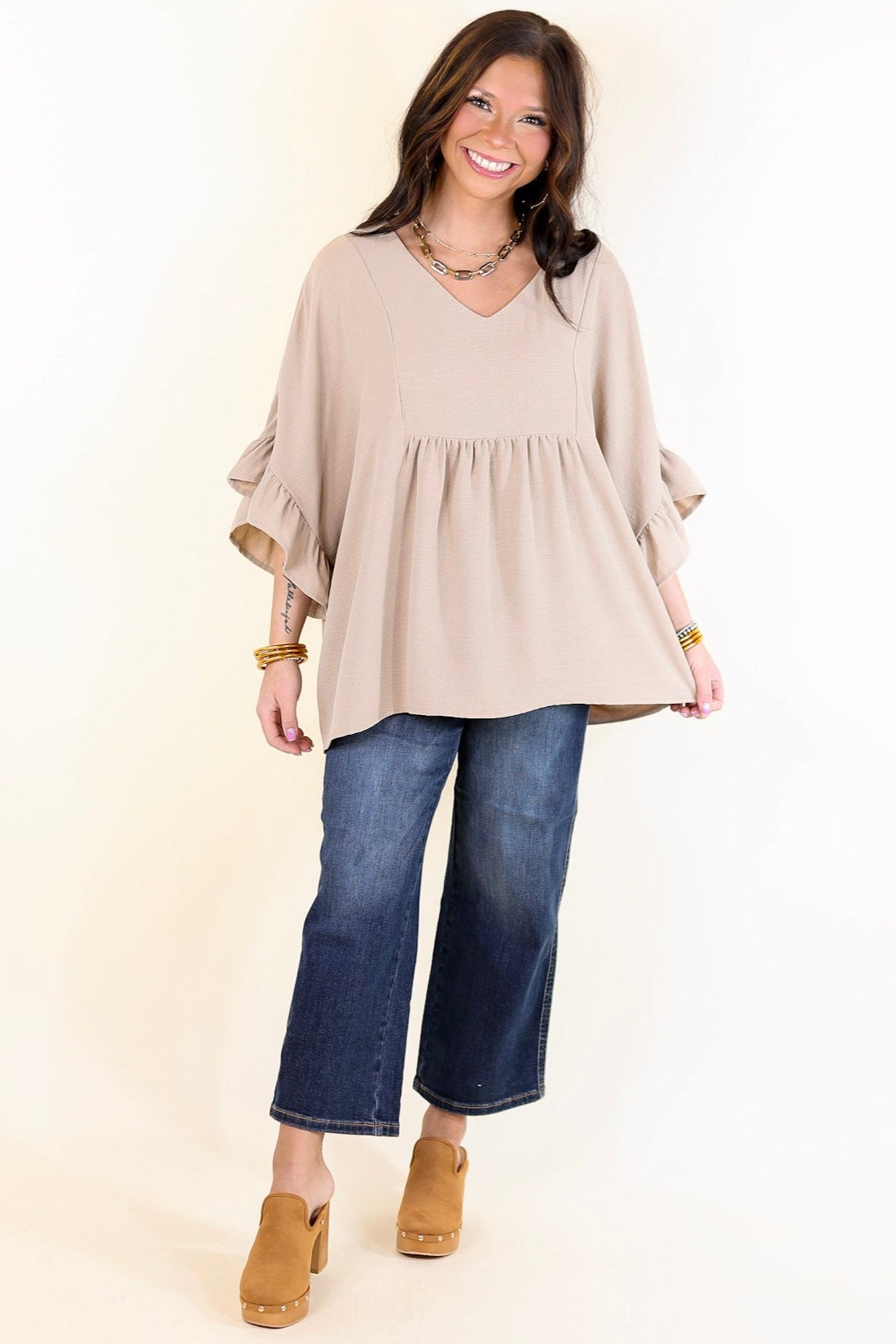 Premium Chic Cascades Tiered V-Neck Ruffle Sleeve Top in Taupe