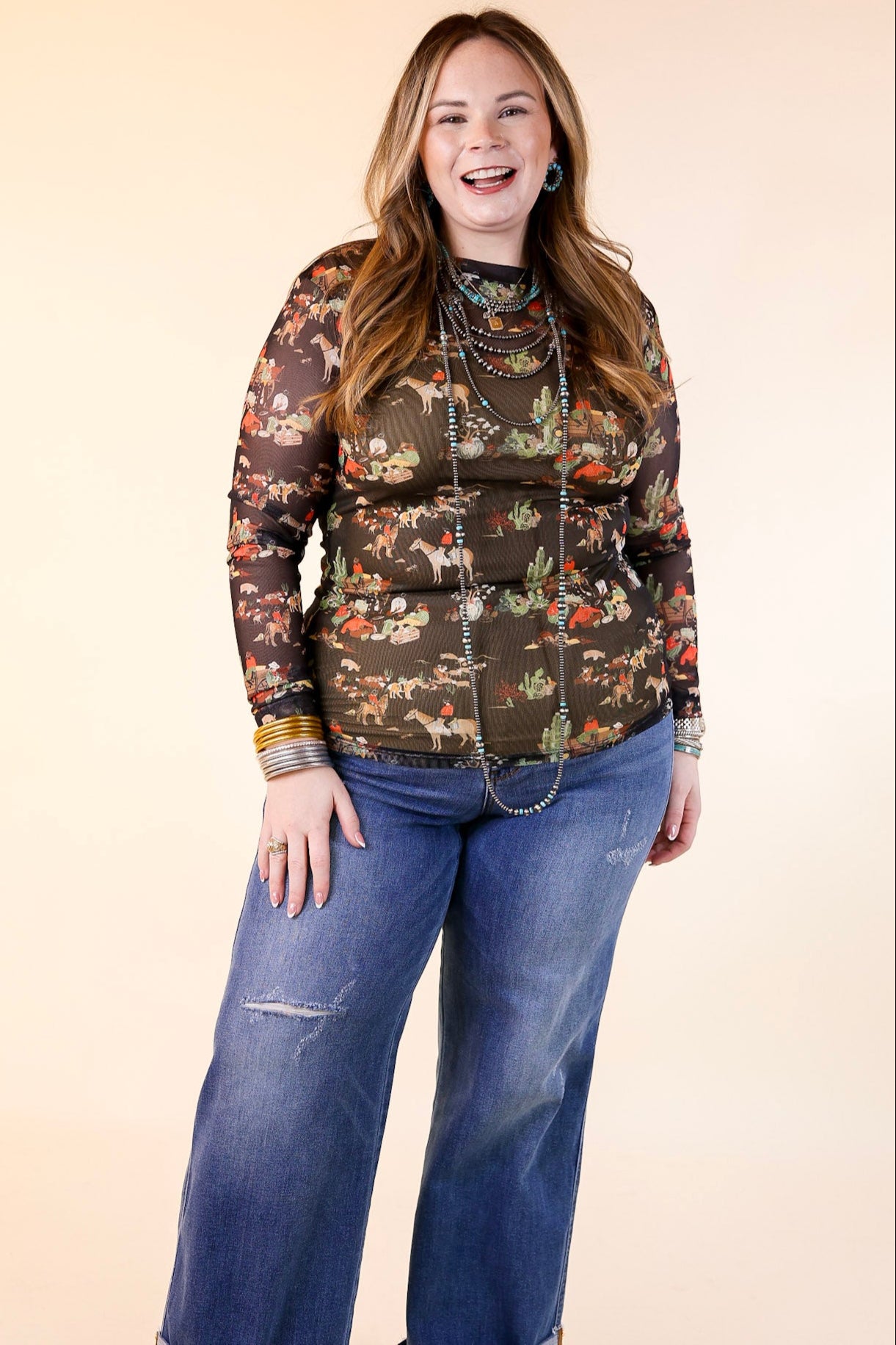 Premium Western Dream Mesh Long Sleeve Top - Retro Black Print