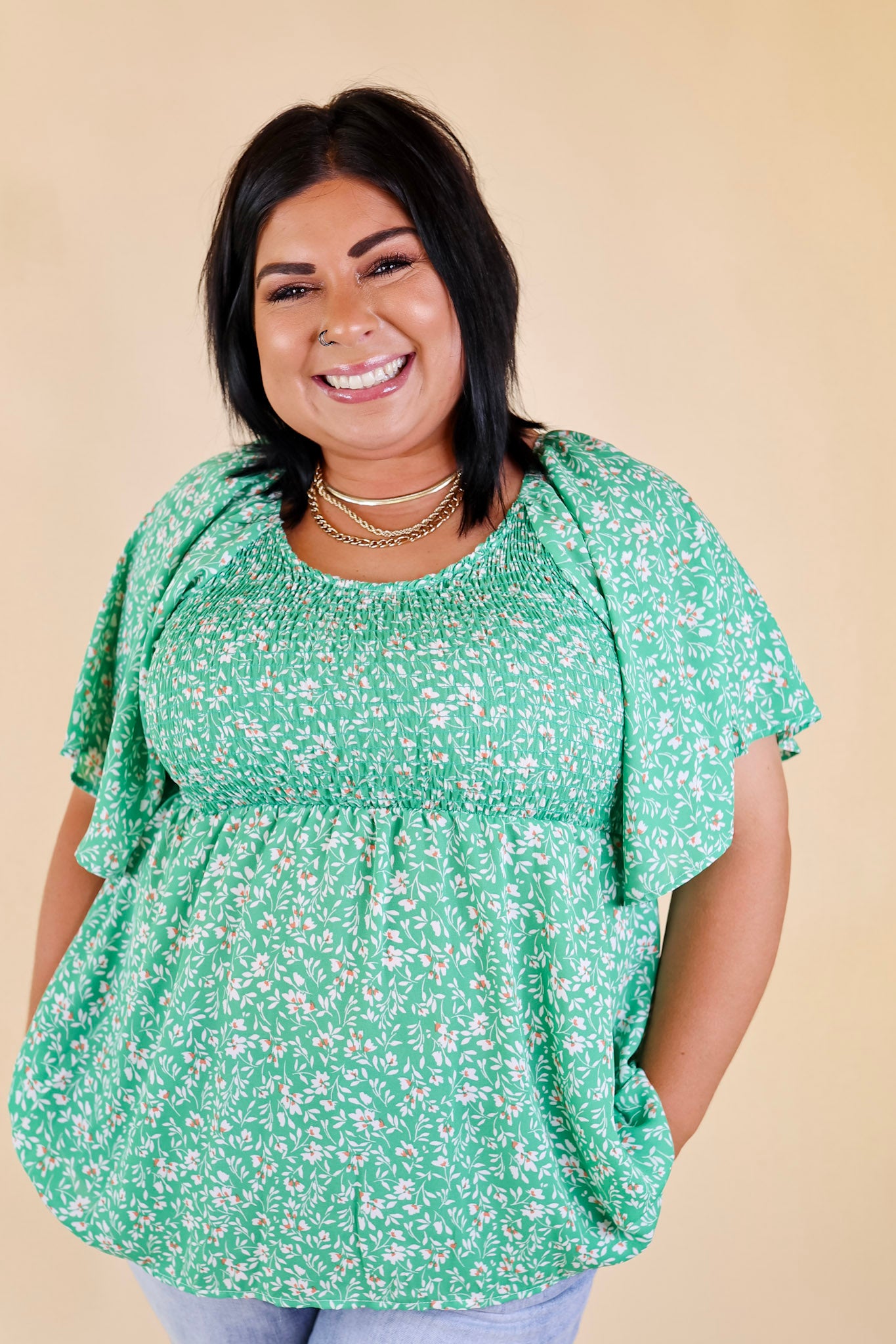 Premium Floral Smocked Top - Green Coastal Chic