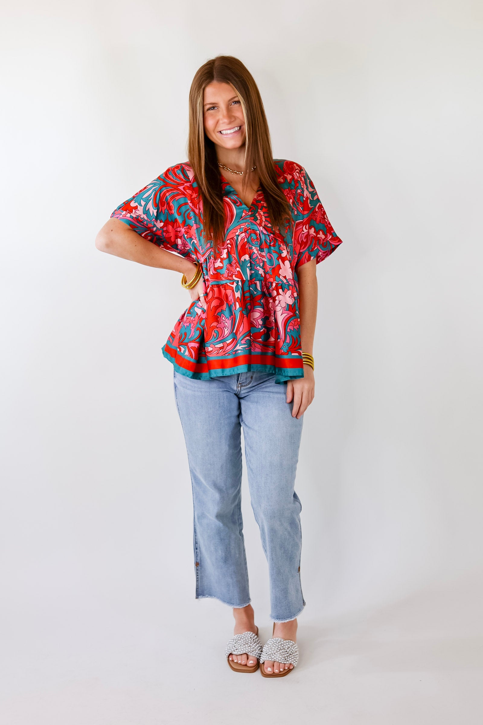 Premium Merlot Baroque Print V-Neck Top - Stylish Pink & Teal Design