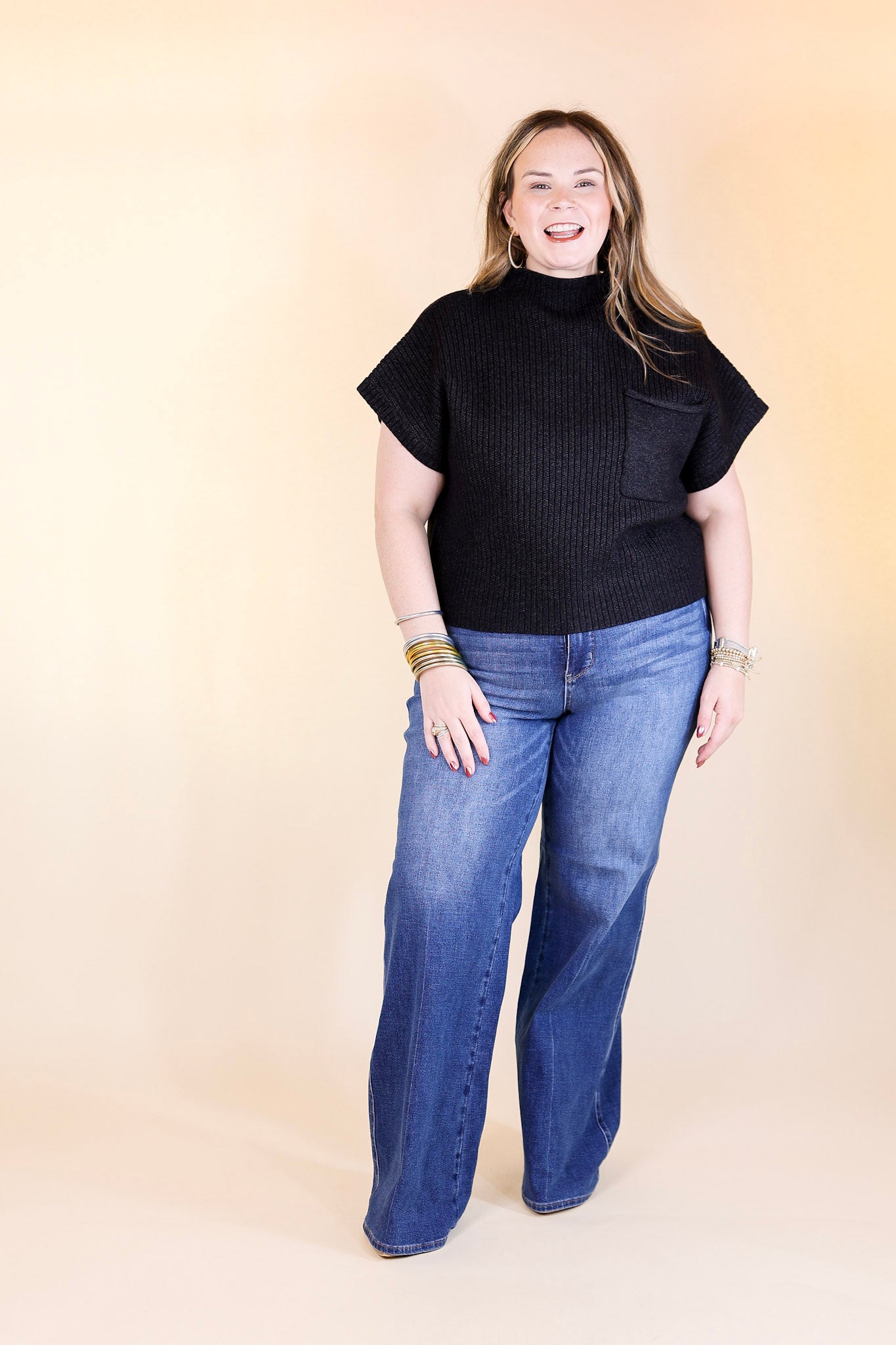 Premium City Sights Cap Sleeve Sweater Top - Ultimate Black