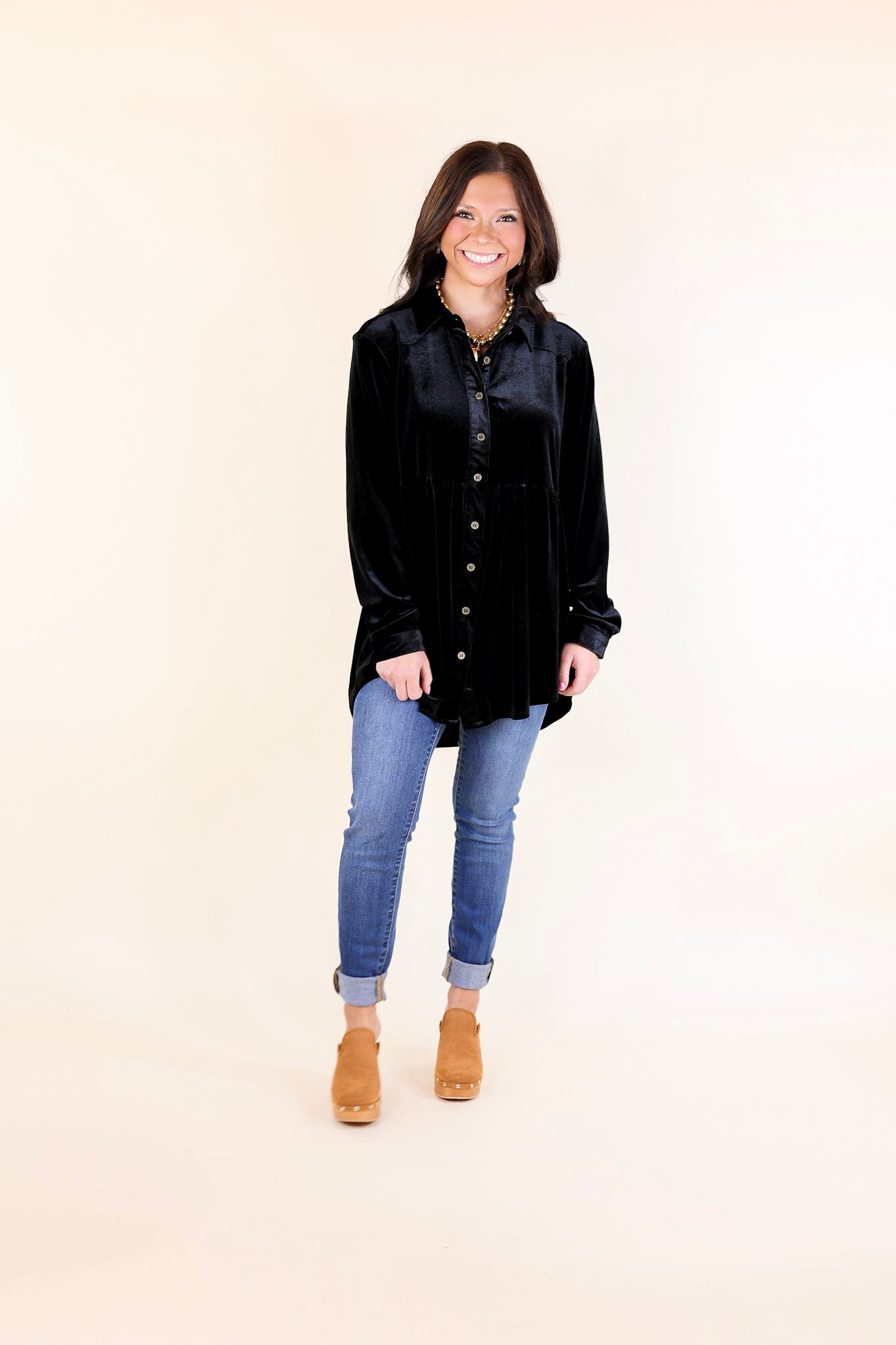 Premium Velvet Babydoll Tunic Top - Call Me Yours Black