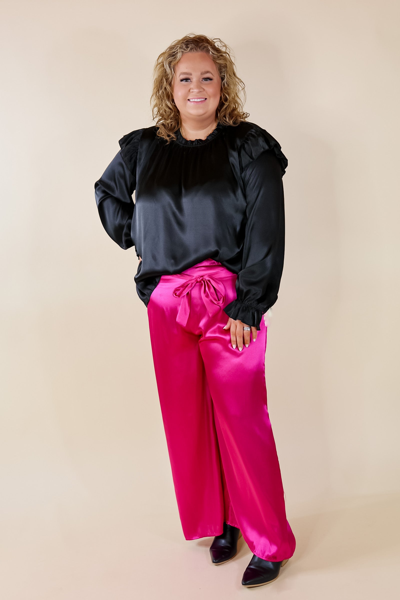 Premium Ruffle Mock Neck Satin Blouse - Ultimate Elegance in Black
