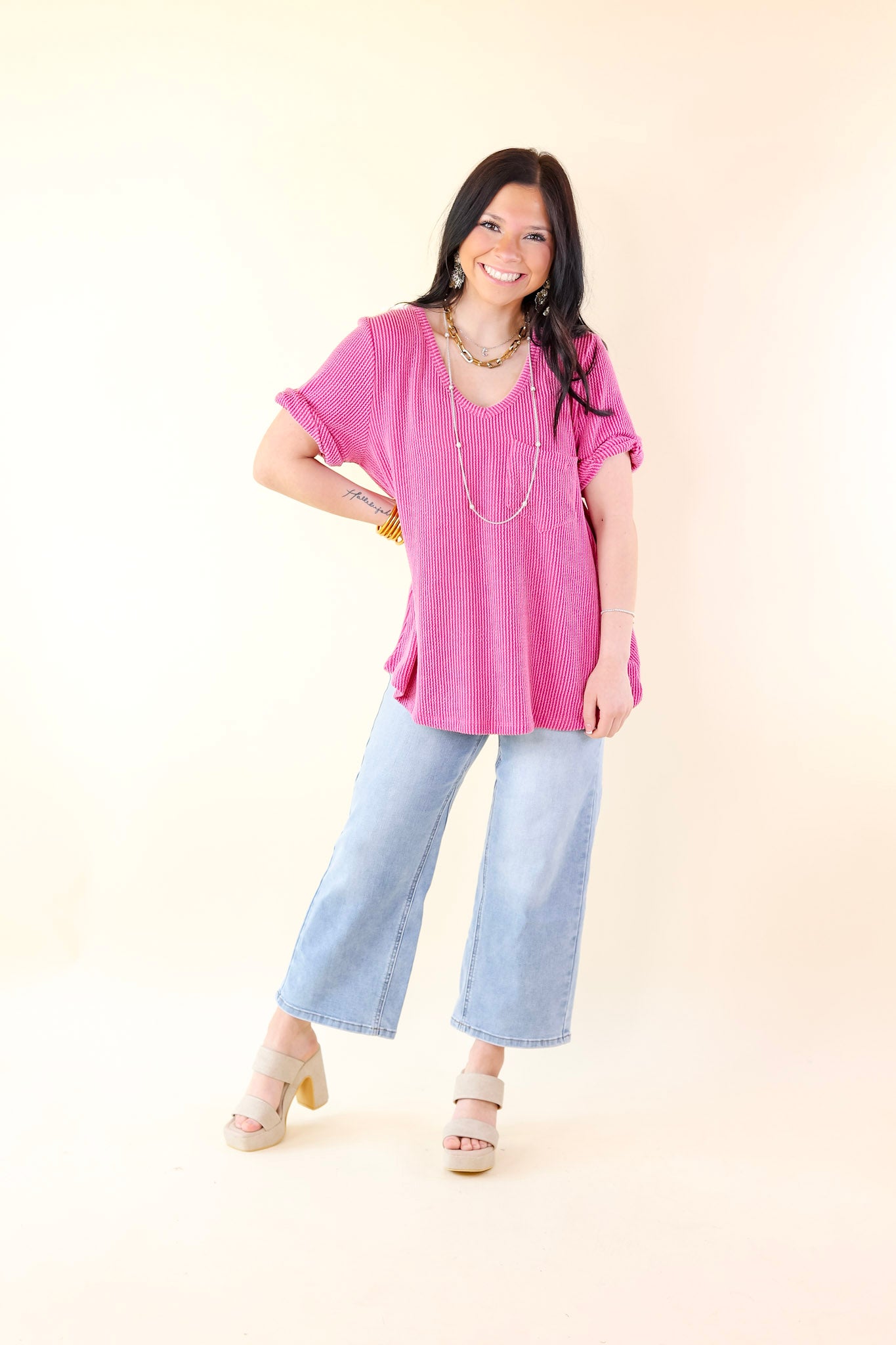 Ultimate Comfort Ribbed Short Sleeve Top with Front Pocket - Orchid Pink