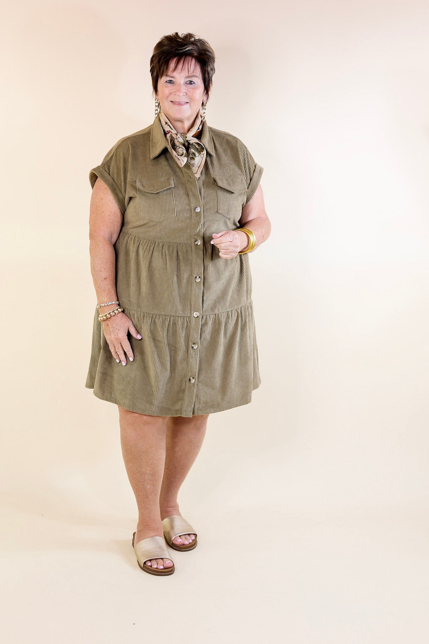 Ultimate Obsession Corduroy Button-Up Dress - Olive Green