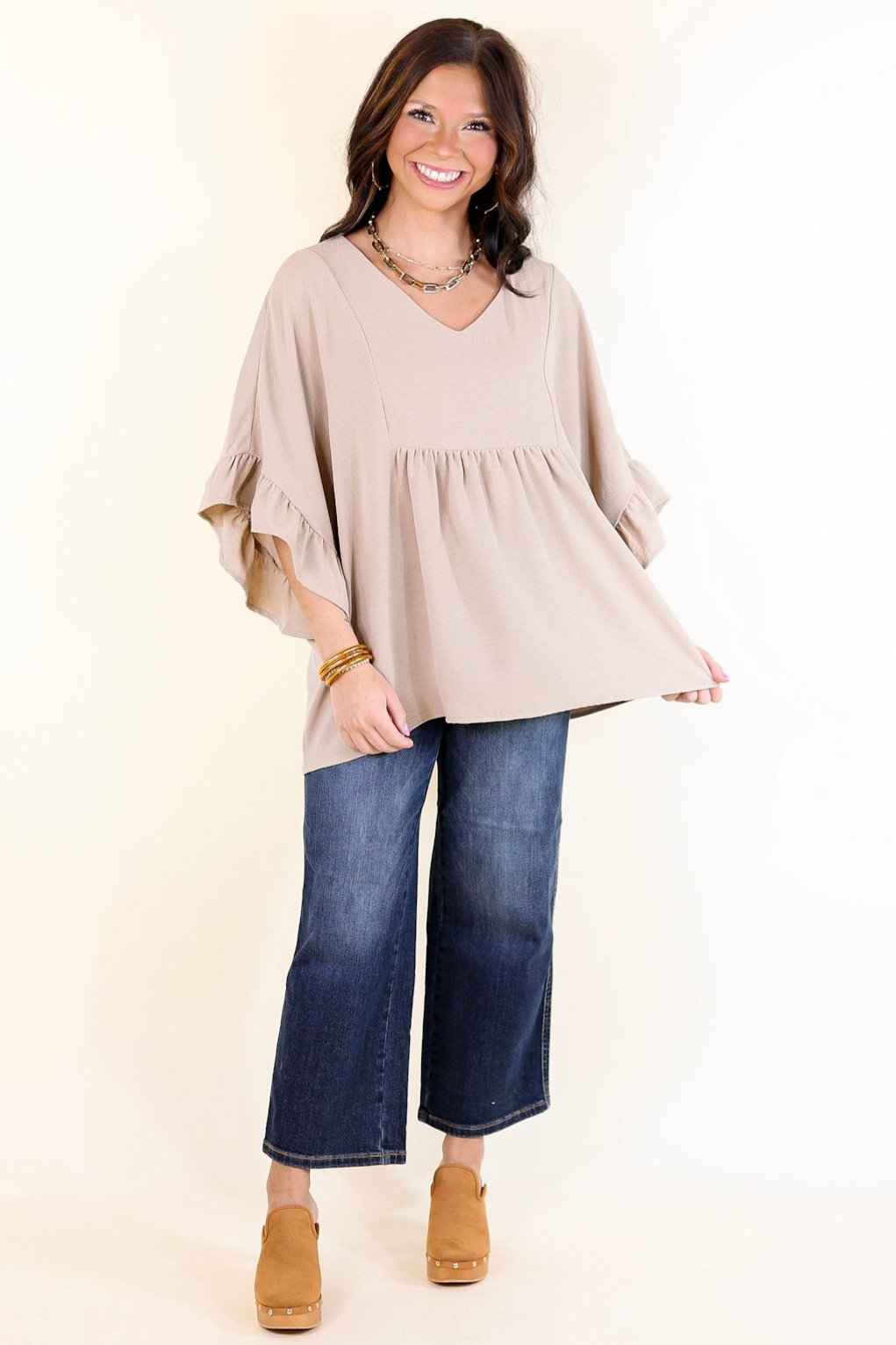 Premium Chic Cascades Tiered V-Neck Ruffle Sleeve Top in Taupe