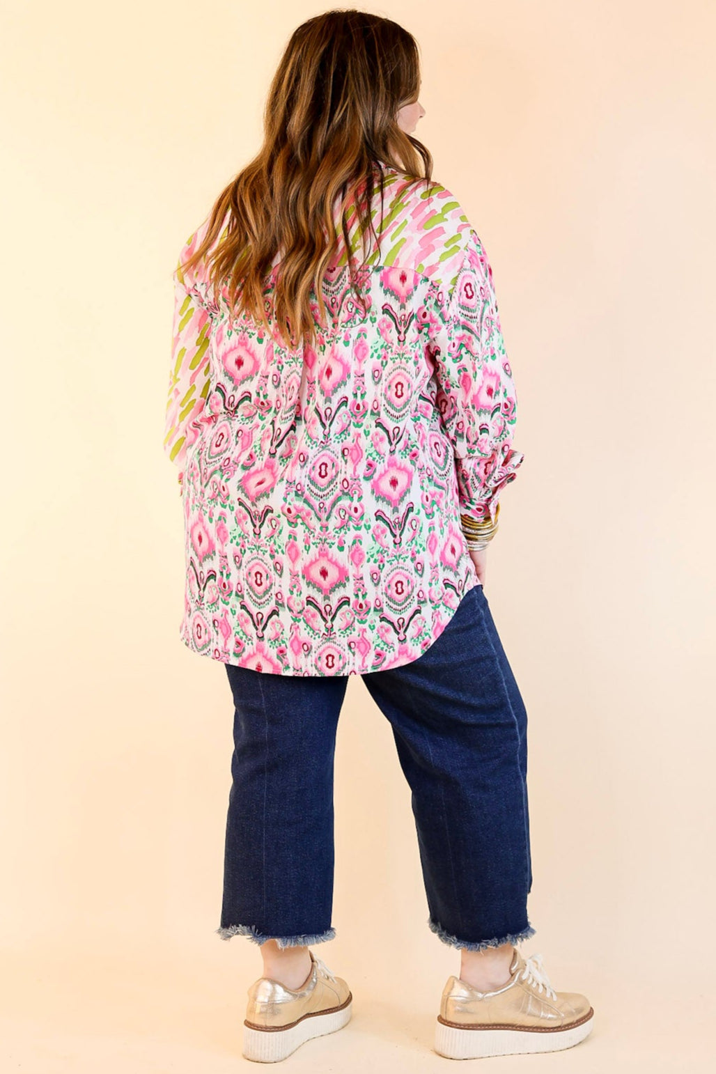 Premium Mosaic Stripe Button-Up Top in Green & Pink