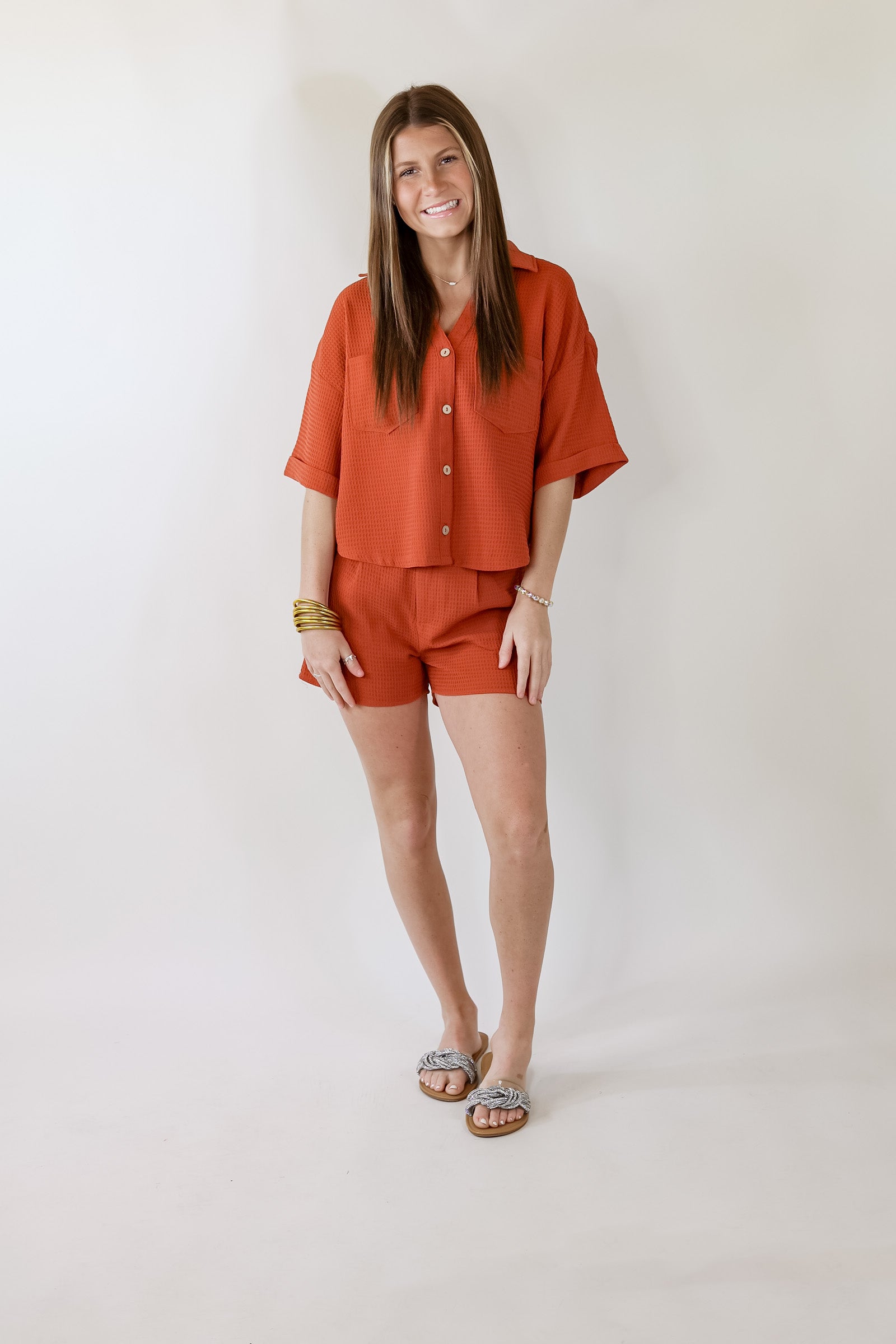 Premium Waffle Weave Button-Up Top in Spice Brown | Ultimate Comfort & Style