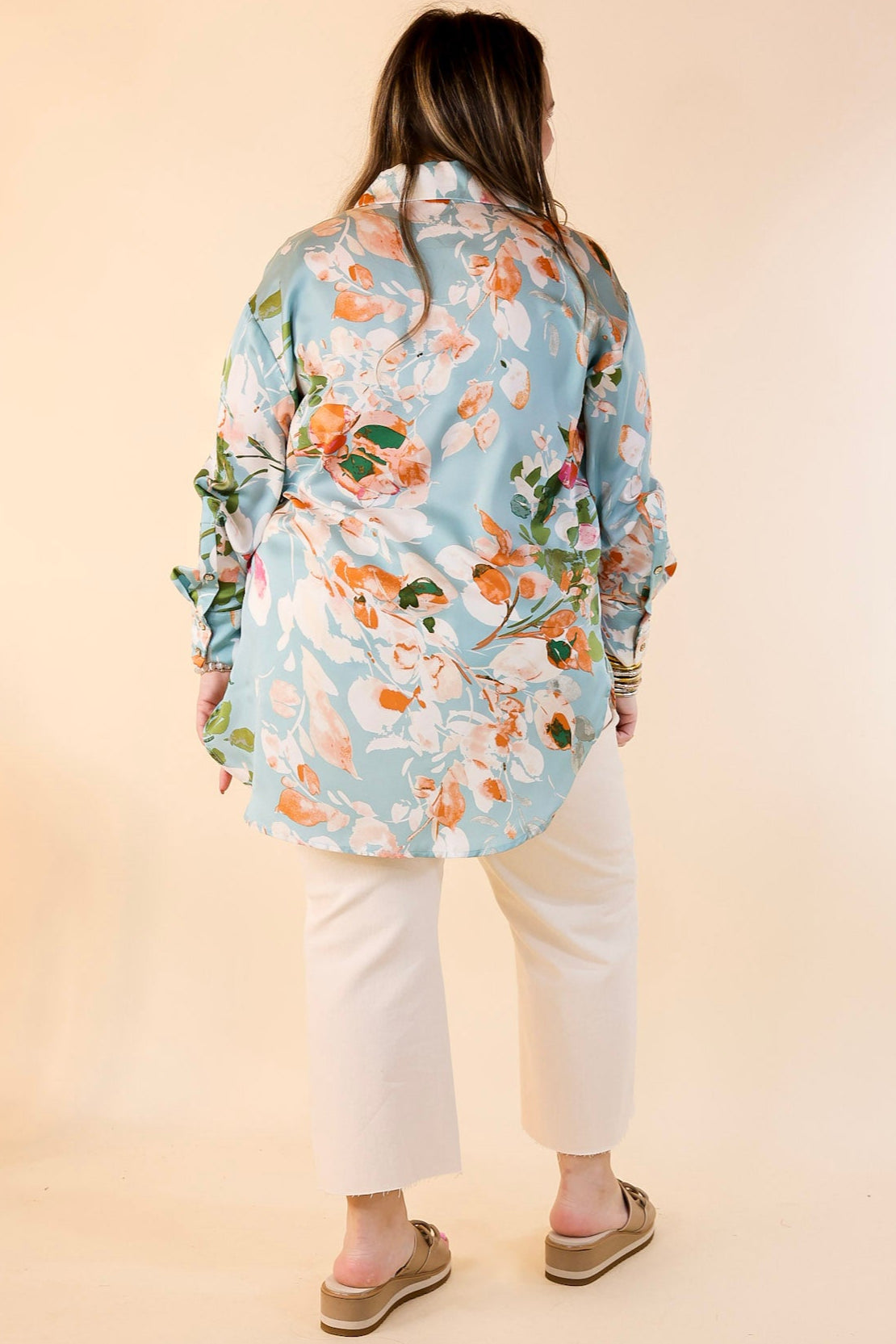 Premium Light Blue Floral Long Sleeve Button-Up Top – Spring & Summer Essential