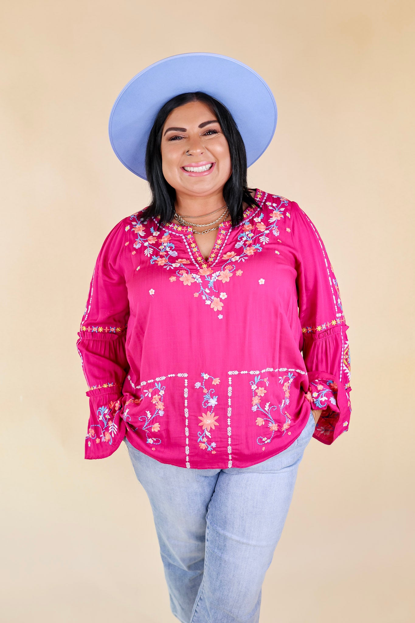 Premium Floral Embroidered Top - Long Bell Sleeves in Vibrant Magenta