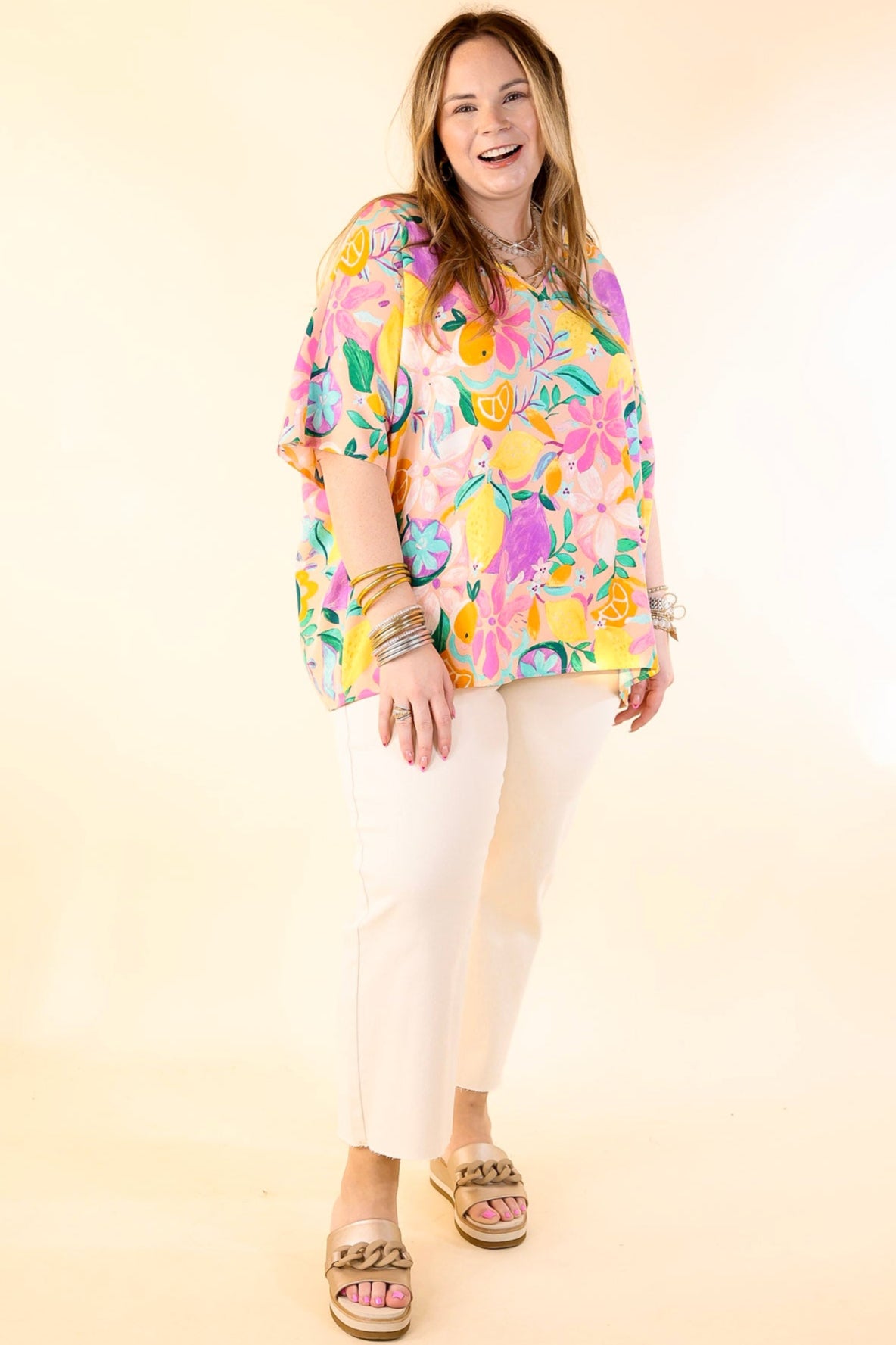 Premium V-Neck Fruit Print Poncho Top in Blush Pink | Ultimate Style Upgrade