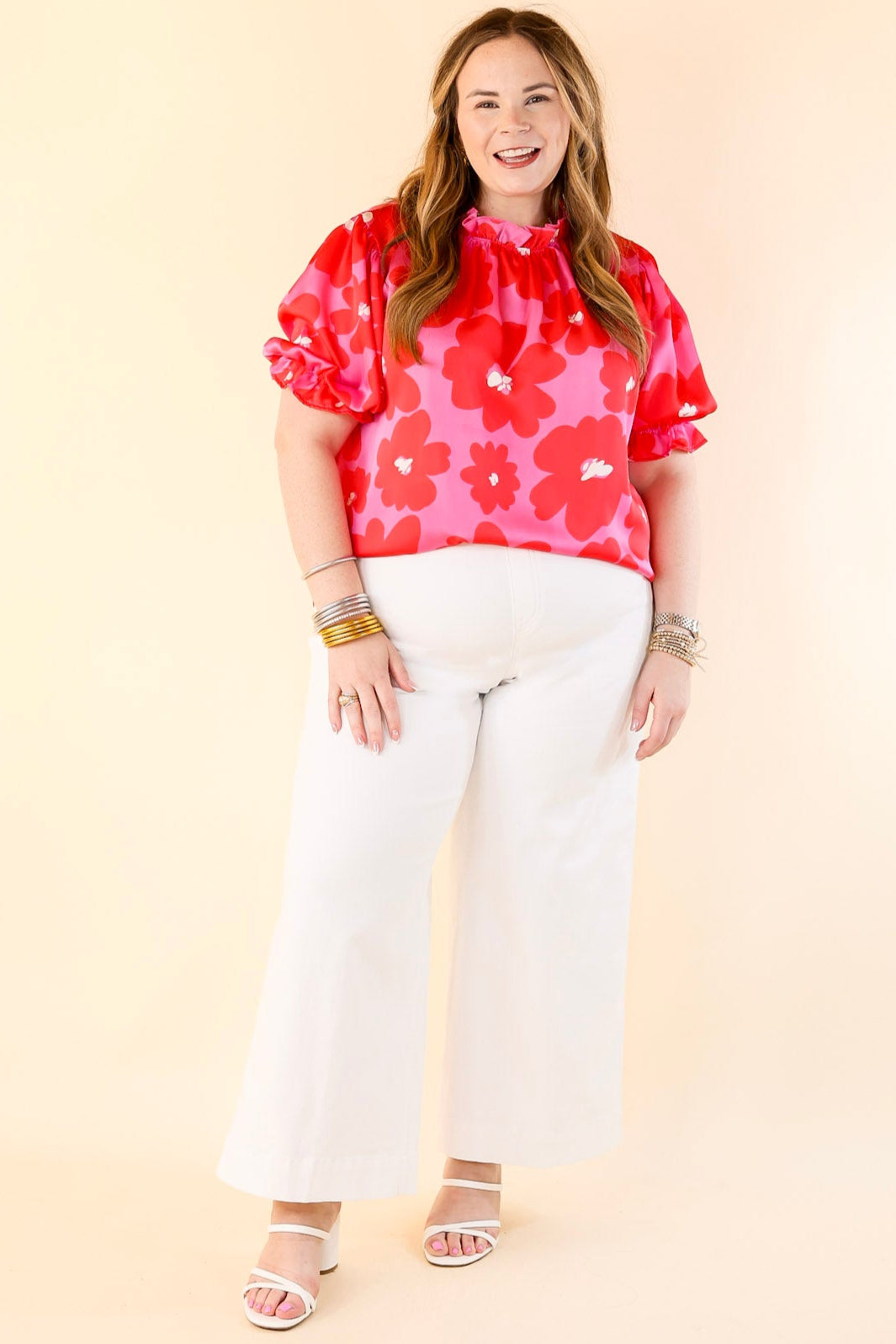 Premium Elegance Floral Blouse with Puffed Sleeves & Ruffled Neckline - Soft Pink