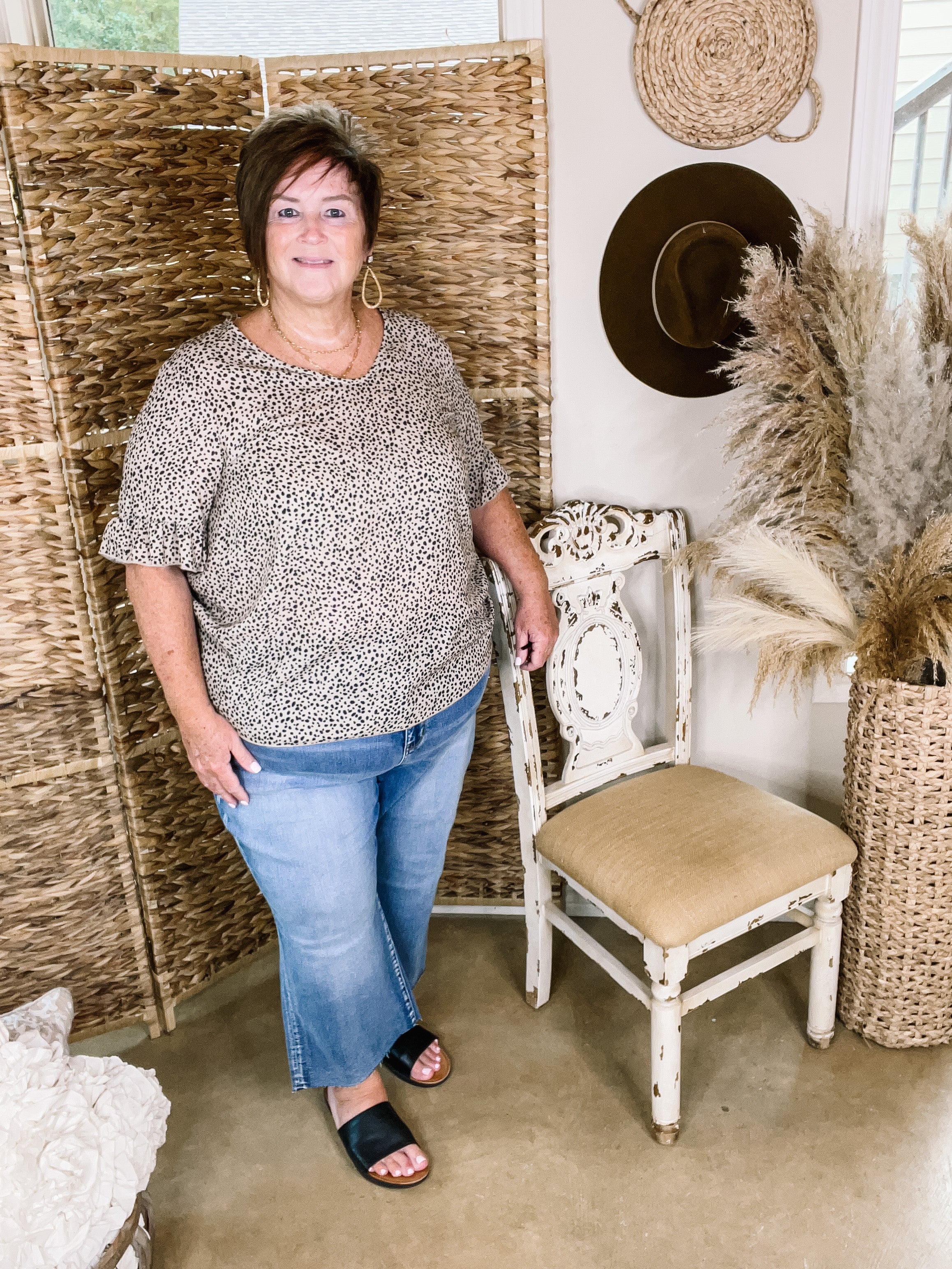 Premium Taupe V-Neck Ruffle Top with Dotted Print | Ultimate Casual Elegance