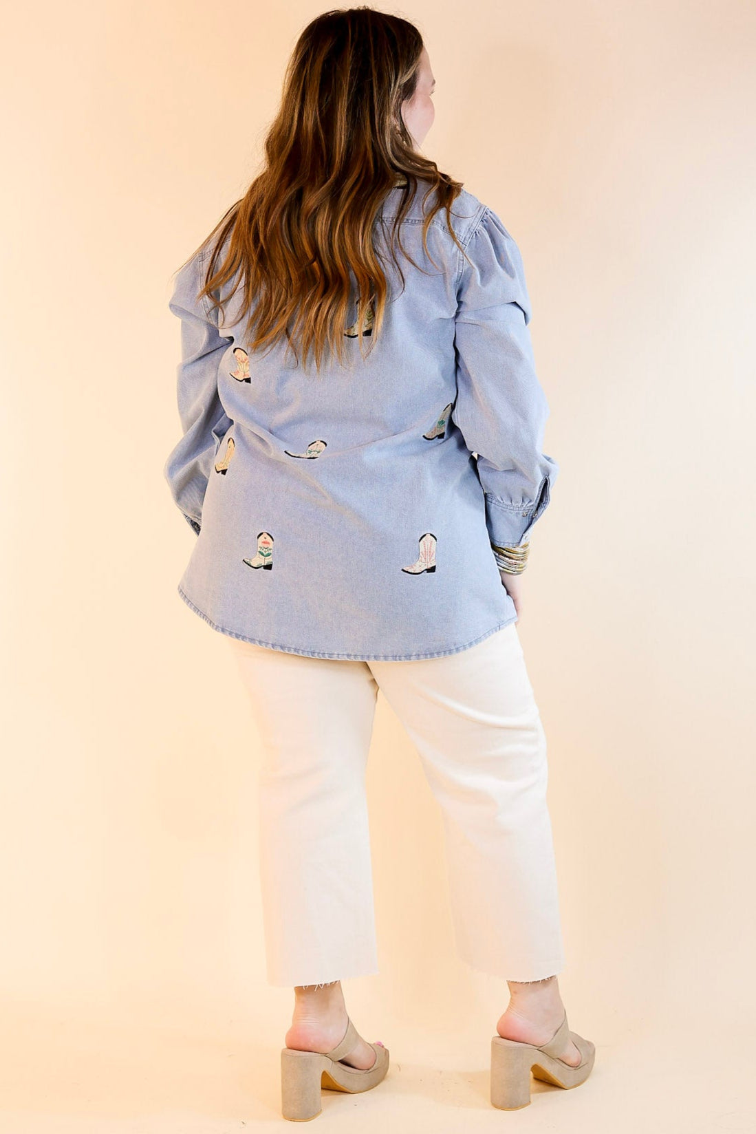Premium Cowgirl Charm Denim Shirt with Embroidered Boot Icons