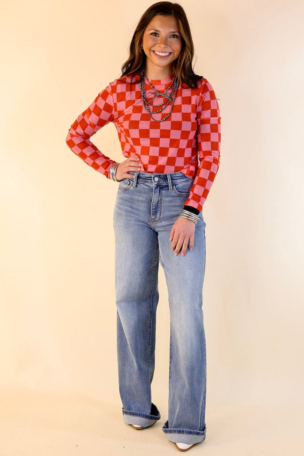 Premium Western Dream Checkered Mesh Long Sleeve Top - Pink & Red