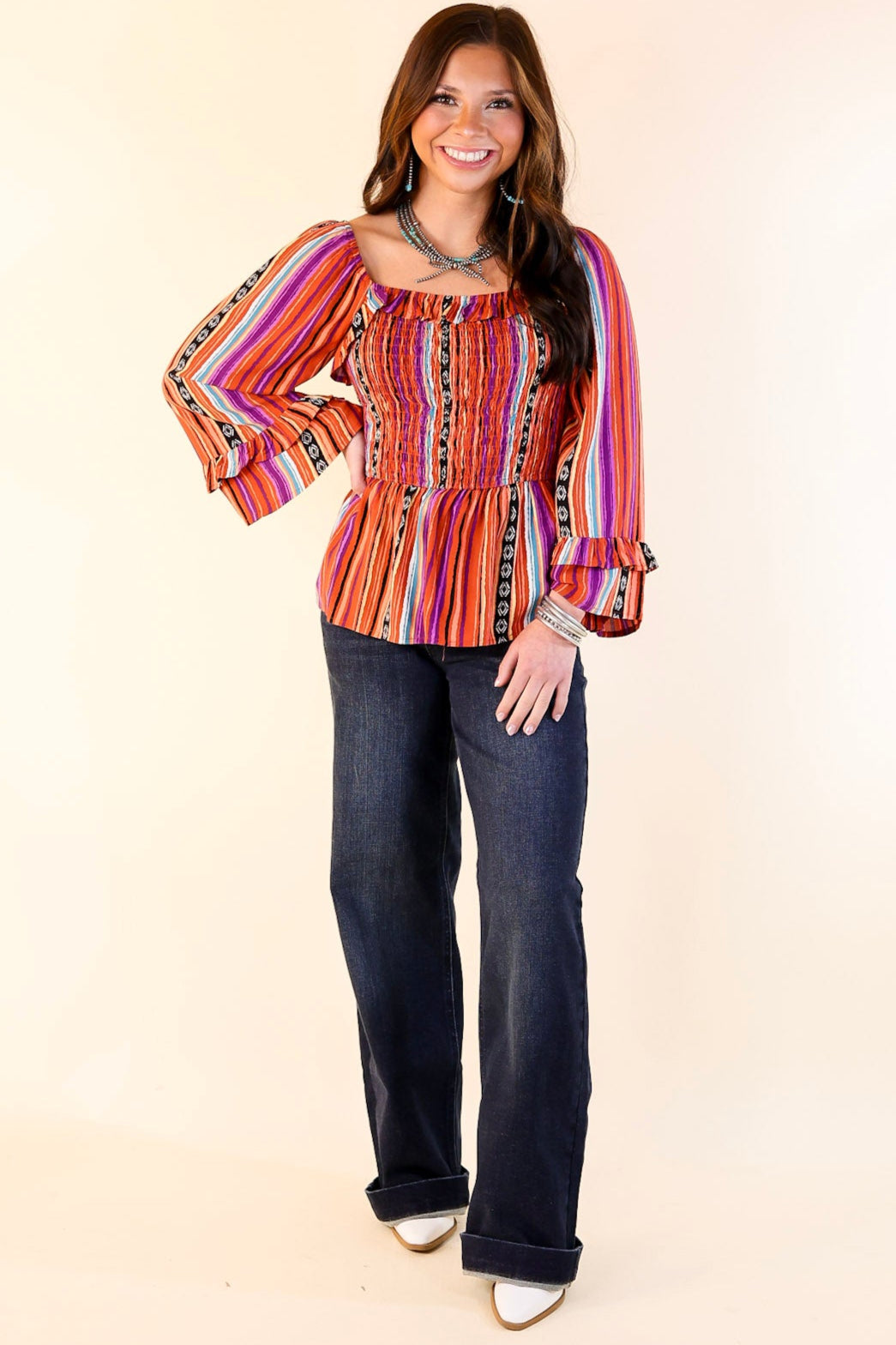 Premium Blissful Break Serape Print Peplum Top – Rust Orange Mix