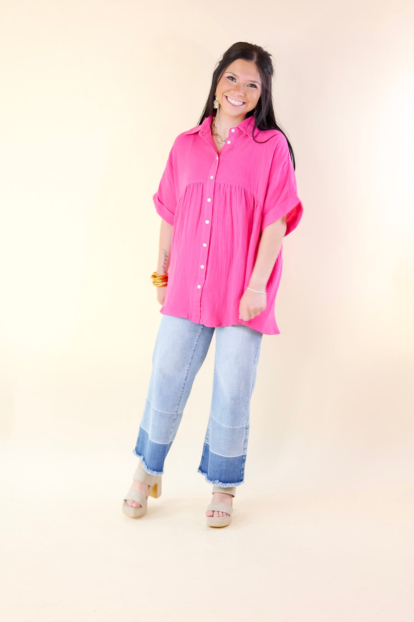 Premium Mellow Mood Collared Button-Up Babydoll Top - Hot Pink