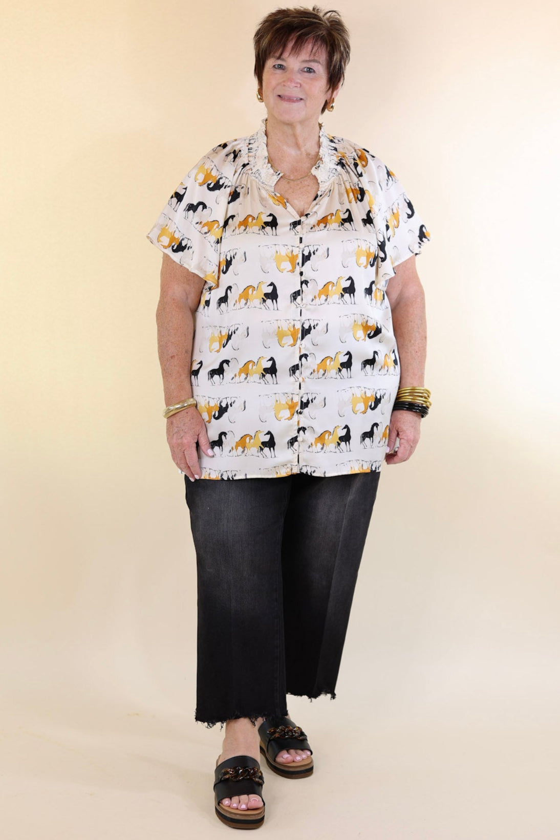 Premium Away We Go Ivory Horse Print Button-Up Shirt