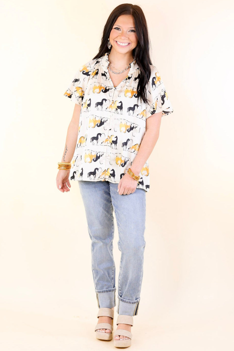 Premium Away We Go Ivory Horse Print Button-Up Shirt